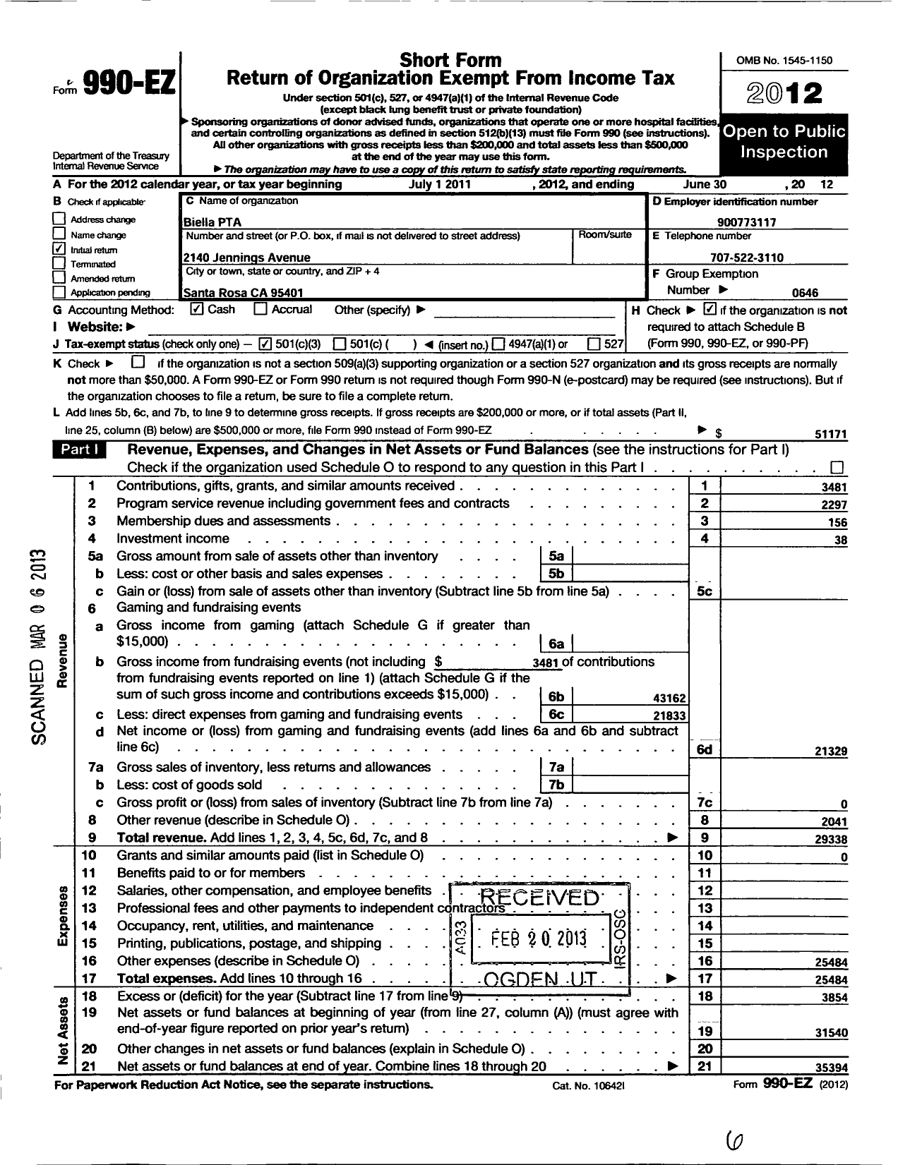 Image of first page of 2011 Form 990EZ for California State PTA - Biella PTA