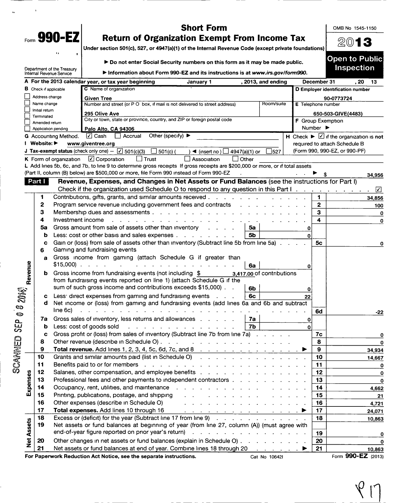 Image of first page of 2013 Form 990EZ for WikiCharities