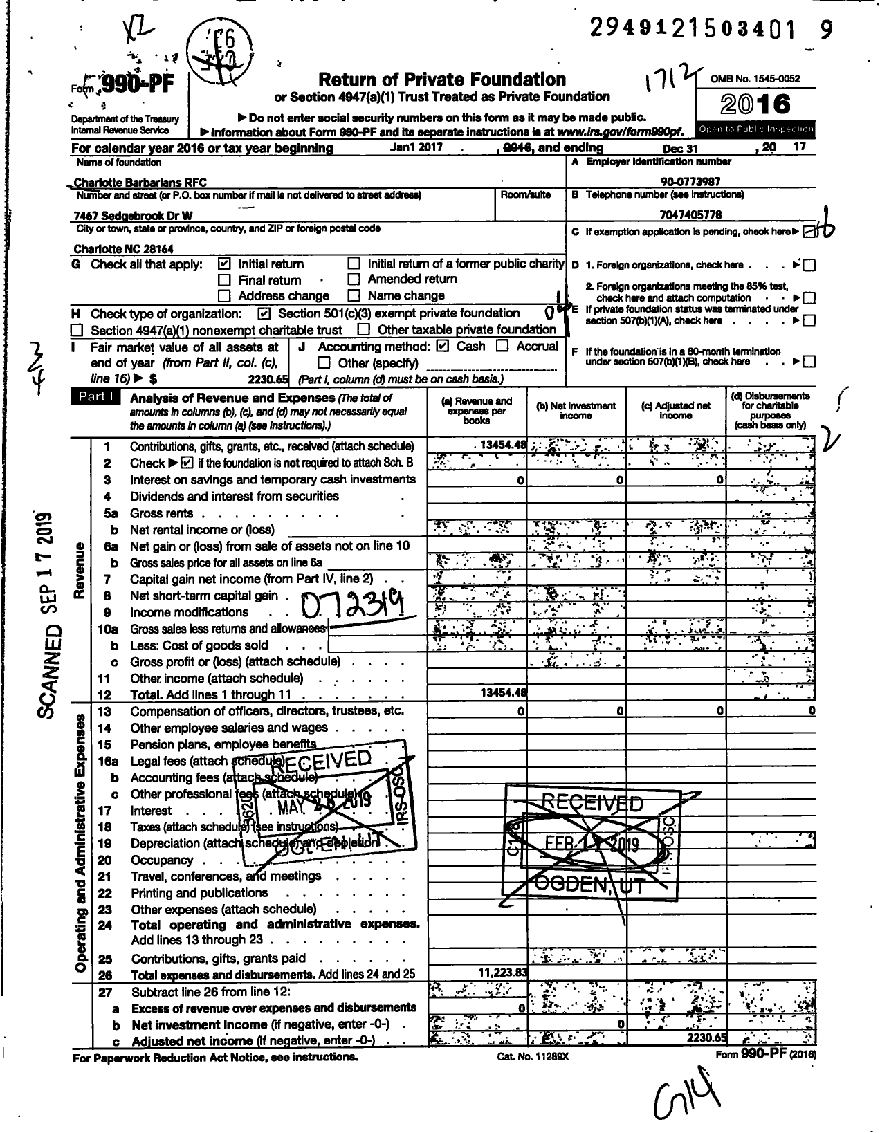 Image of first page of 2017 Form 990PF for Charlotte Barbarians RFC