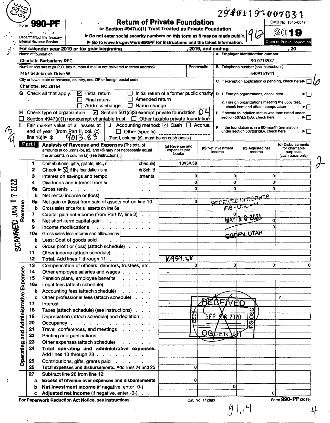 Image of first page of 2019 Form 990PF for Charlotte Barbarians RFC