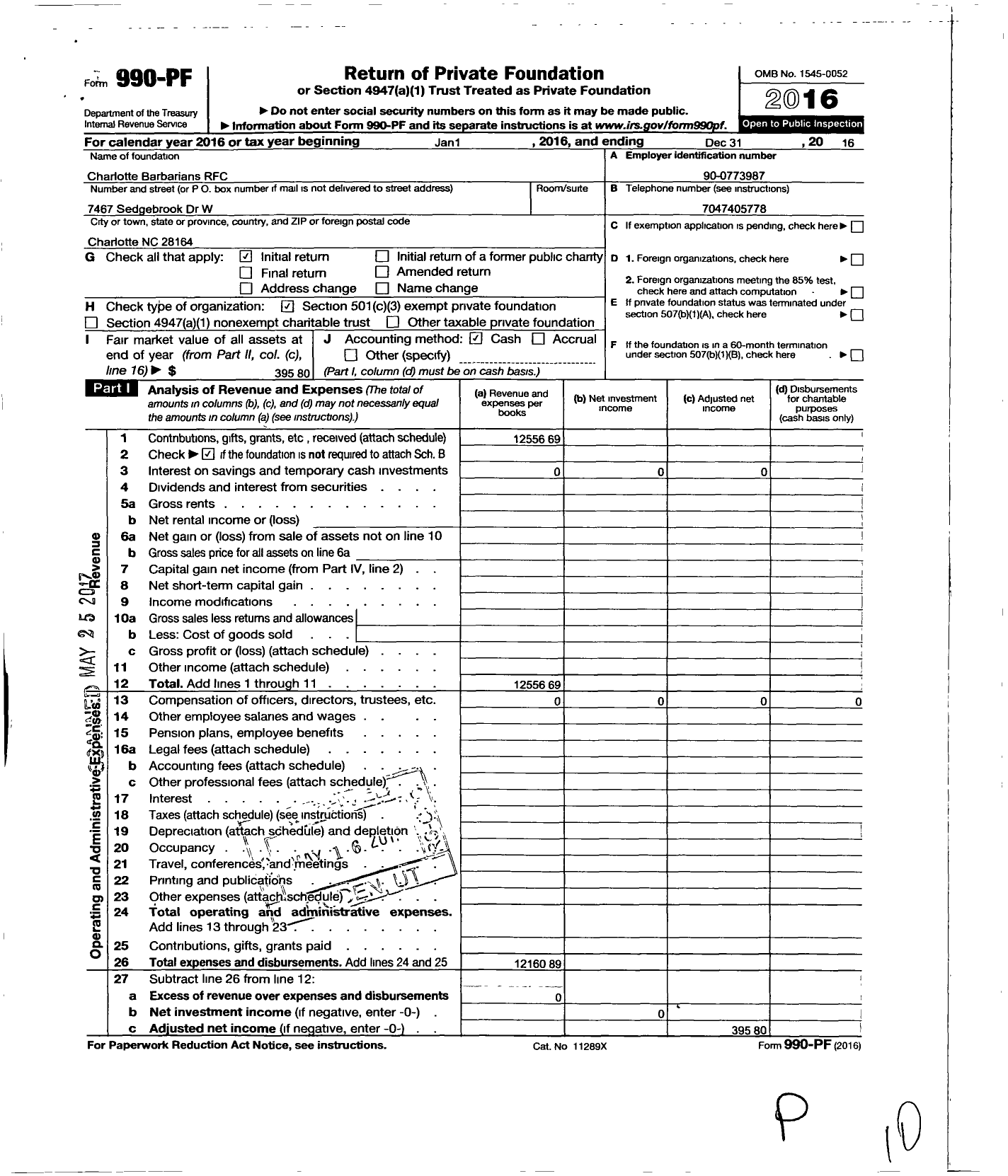 Image of first page of 2016 Form 990PF for Charlotte Barbarians RFC