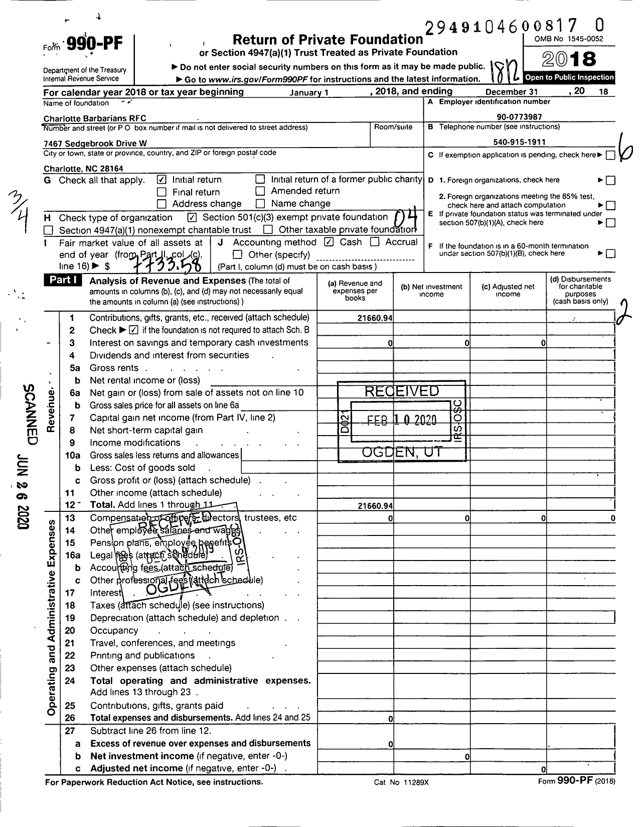 Image of first page of 2018 Form 990PR for Charlotte Barbarians RFC