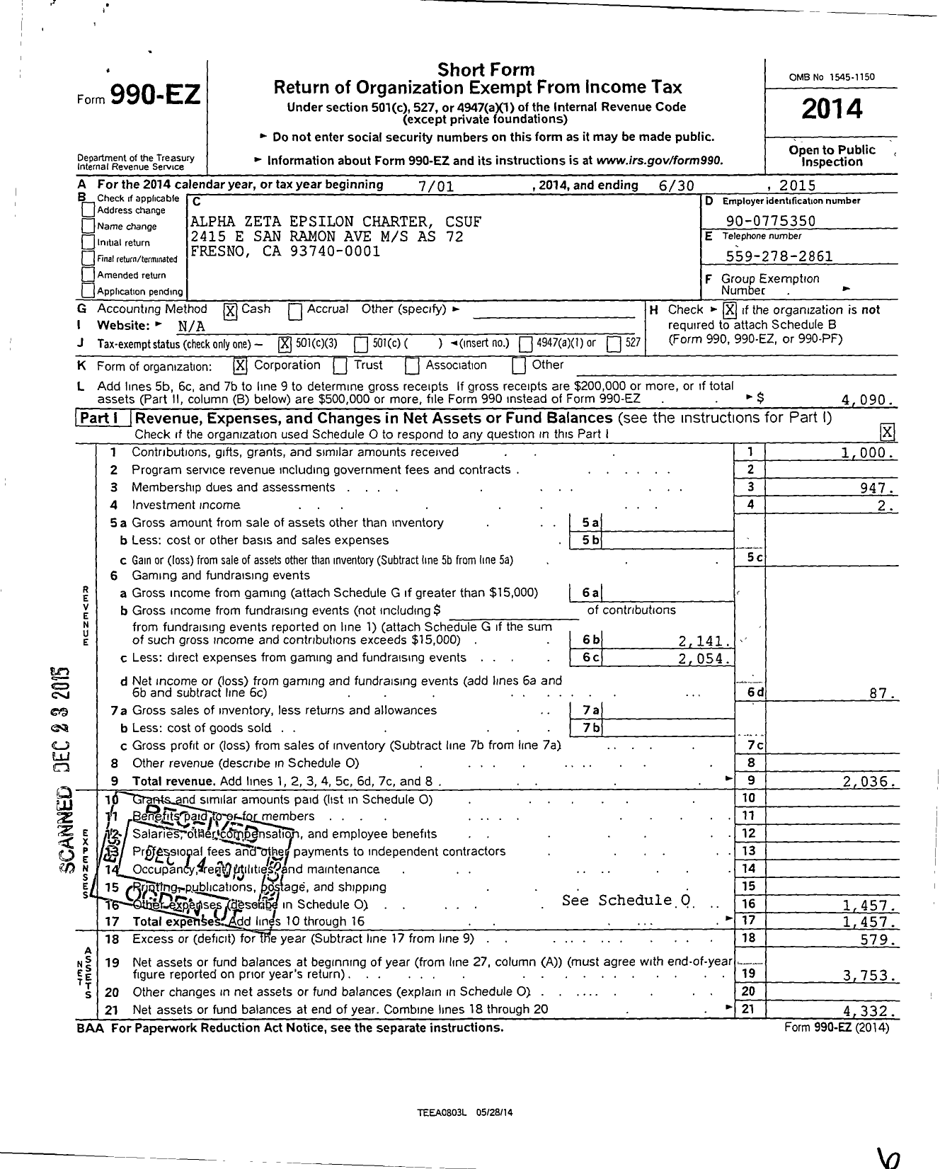 Image of first page of 2014 Form 990EZ for Alpha Zeta Epsilon Charter Csuf