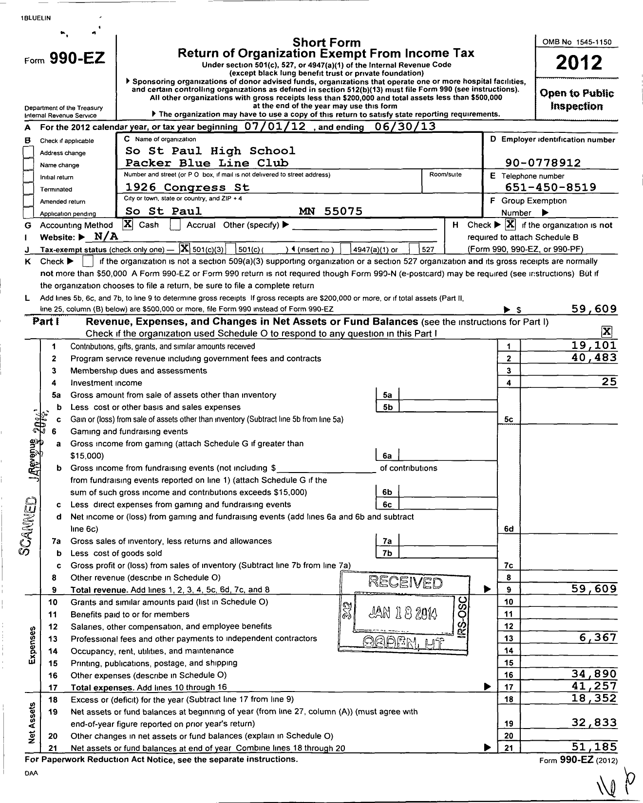 Image of first page of 2012 Form 990EZ for So St Paul High School Packer Blue Line Club