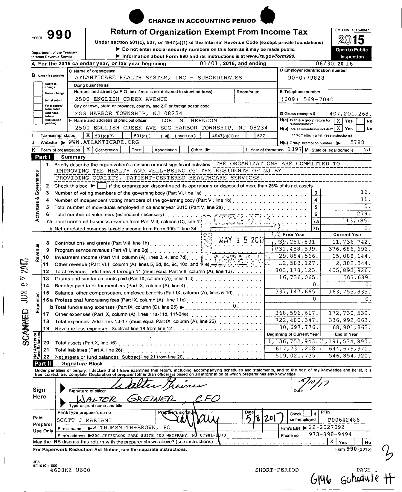 Image of first page of 2015 Form 990 for Atlanticare Health System - Subordinates / Group Return