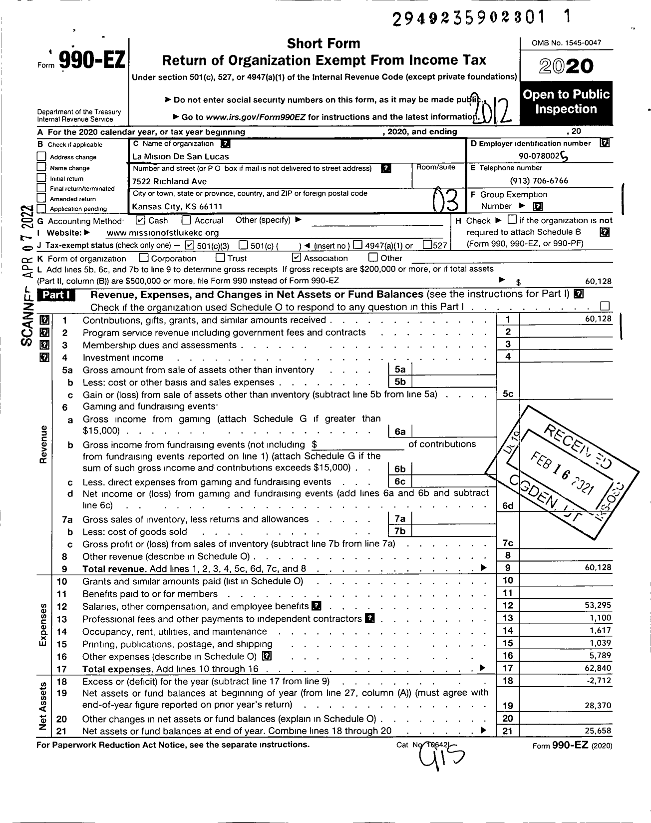 Image of first page of 2020 Form 990EZ for La Mision de San Lucas