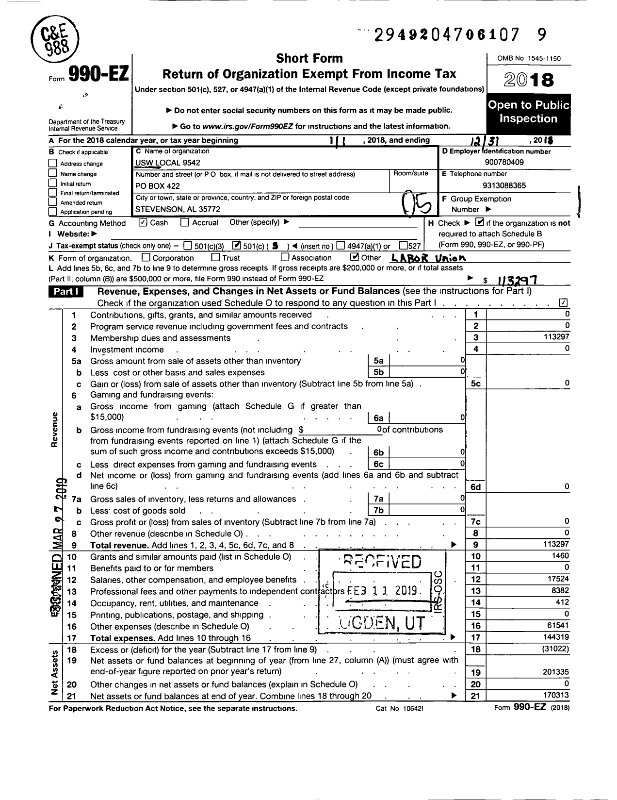 Image of first page of 2018 Form 990EO for United Steelworkers Local 9542