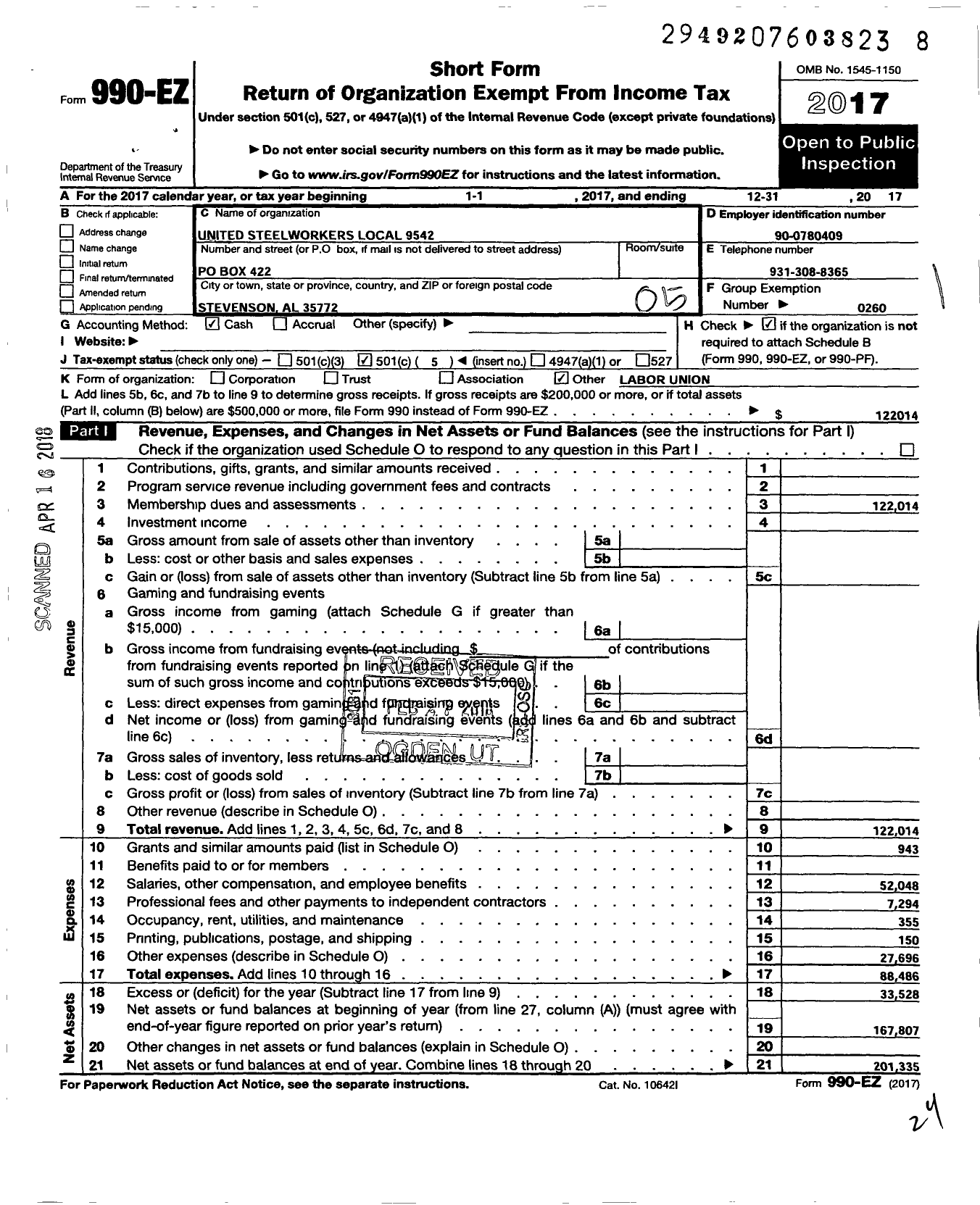 Image of first page of 2017 Form 990EO for United Steelworkers Local 9542