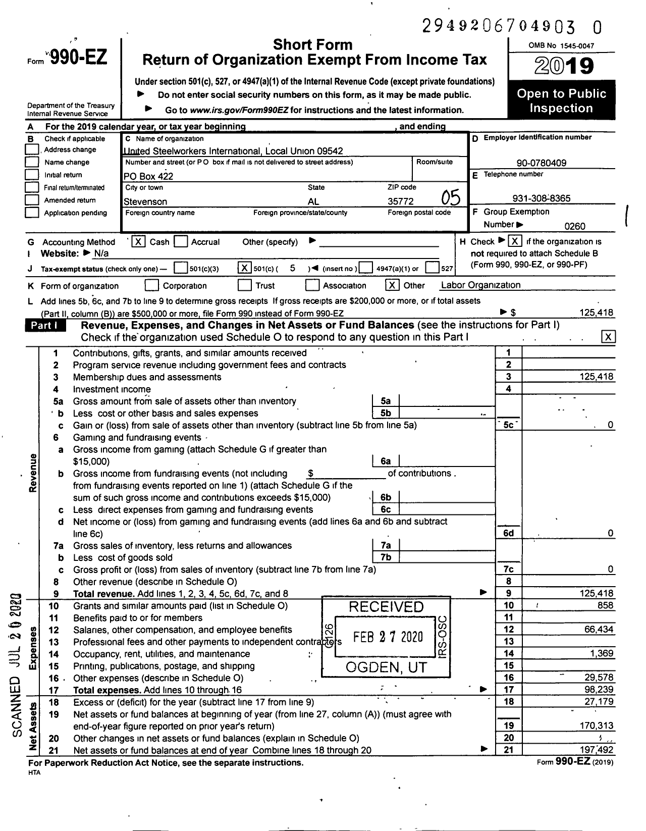 Image of first page of 2019 Form 990EO for United Steelworkers Local 9542