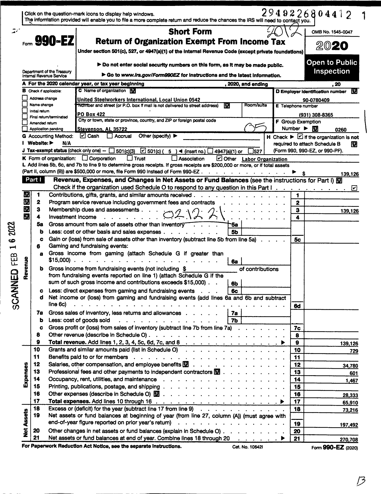 Image of first page of 2020 Form 990EO for United Steelworkers Local 9542