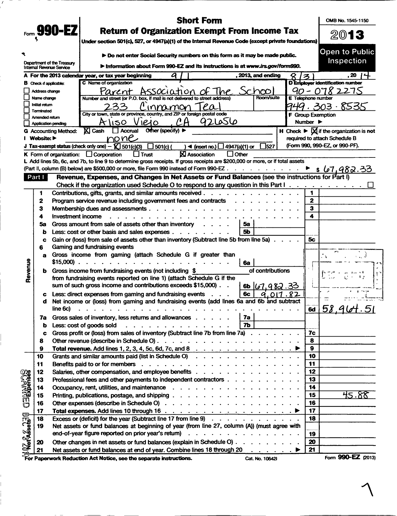 Image of first page of 2013 Form 990EZ for Parent Association of the School