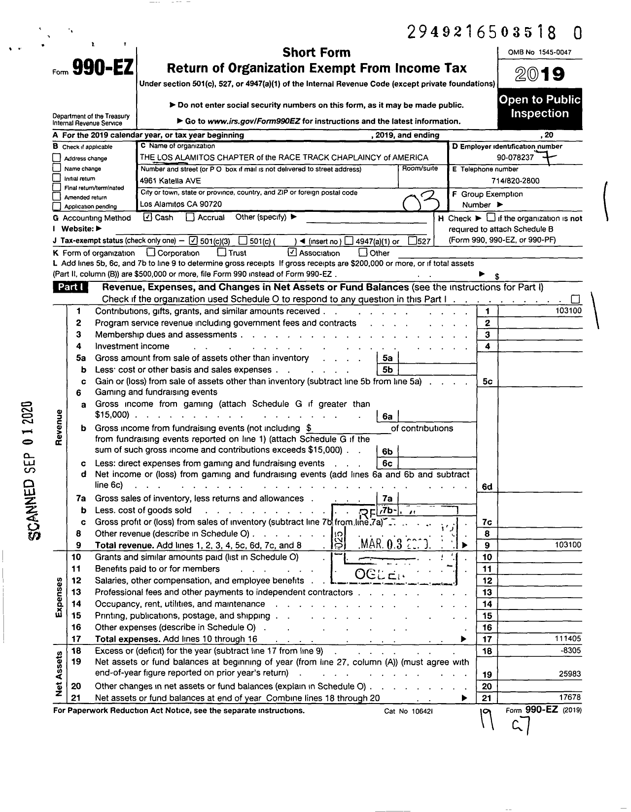 Image of first page of 2019 Form 990EZ for The Los Alamitos Chapter of the Race Track Chaplaincy of America