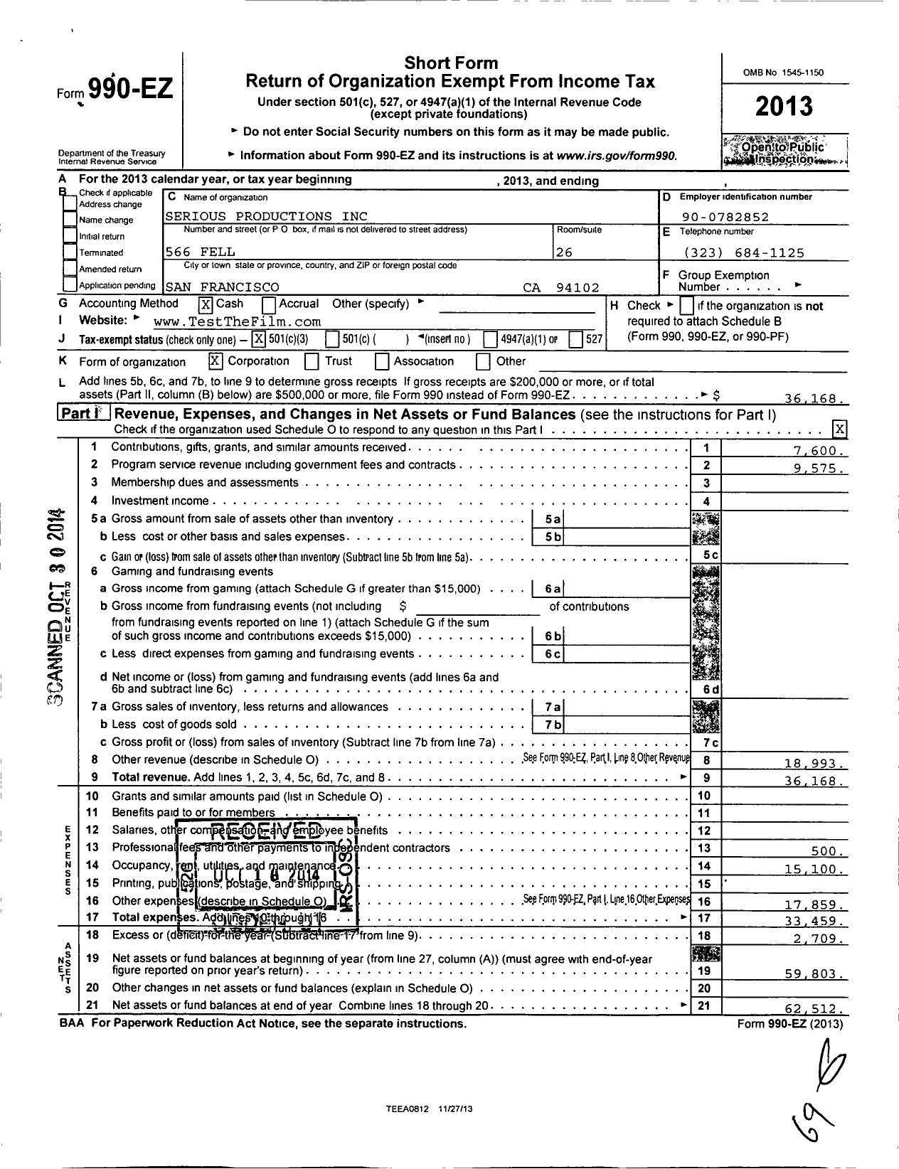 Image of first page of 2013 Form 990EZ for Serious Productions