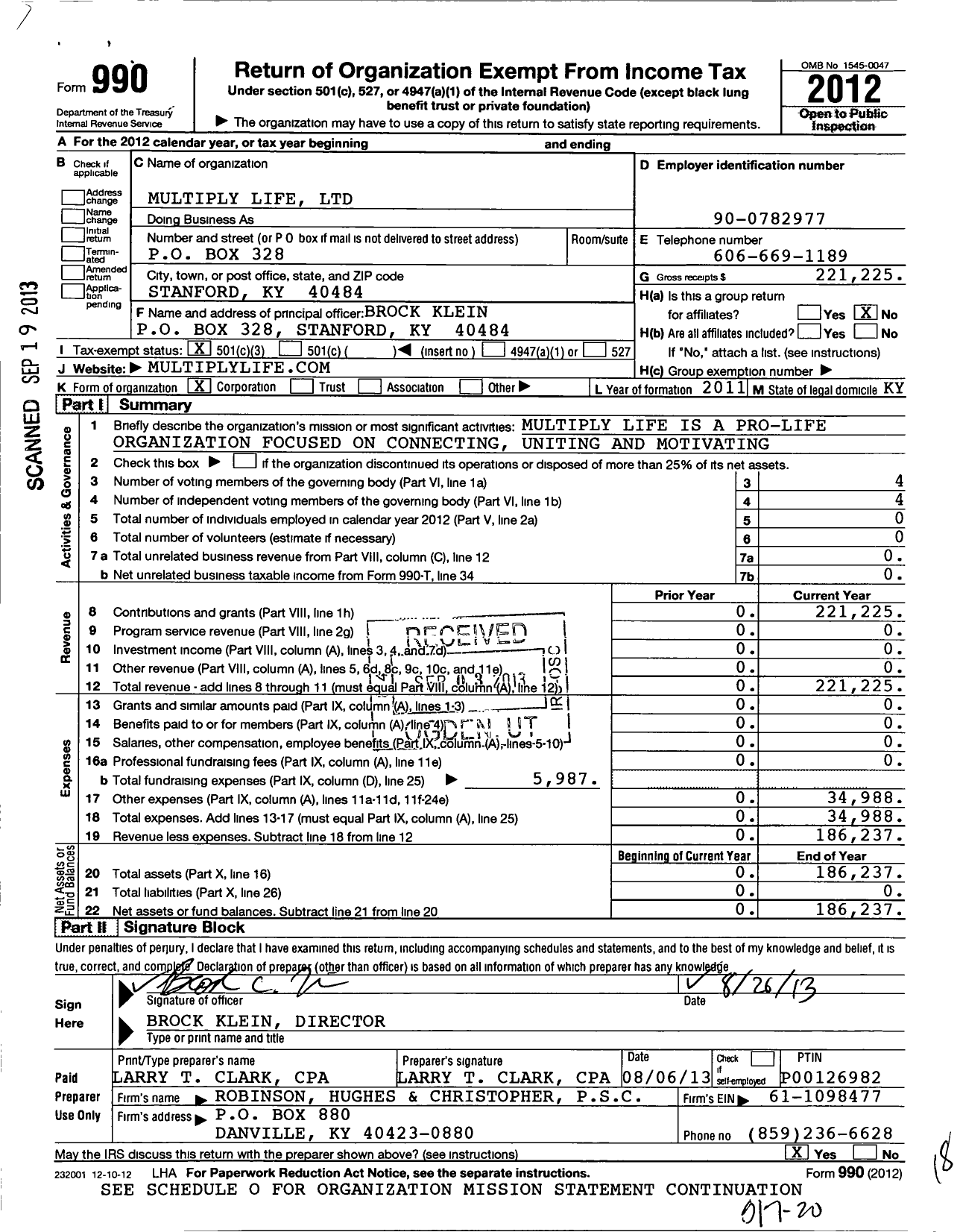 Image of first page of 2012 Form 990 for Multiply Life