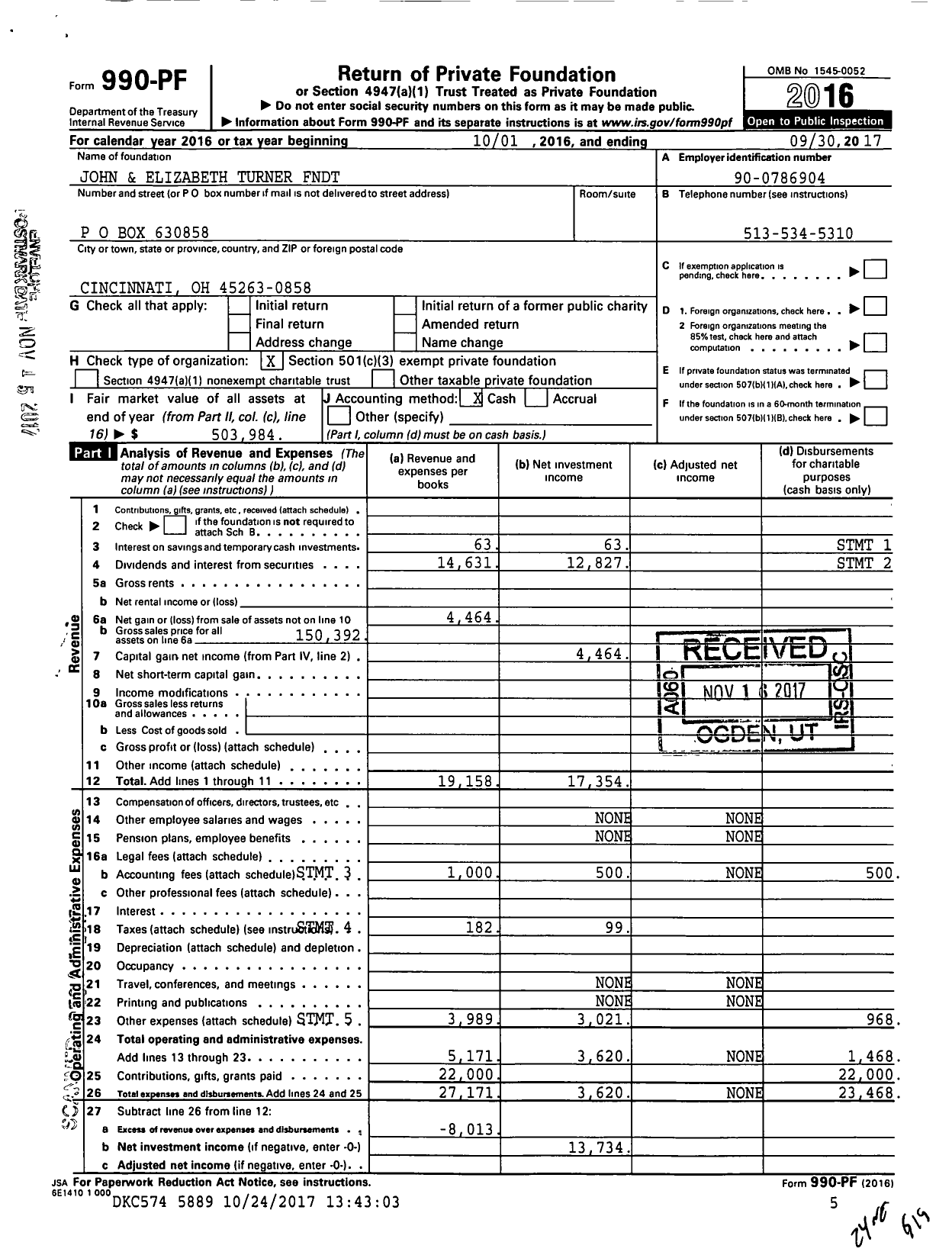 Image of first page of 2016 Form 990PF for John and Elizabeth Turner Foundation