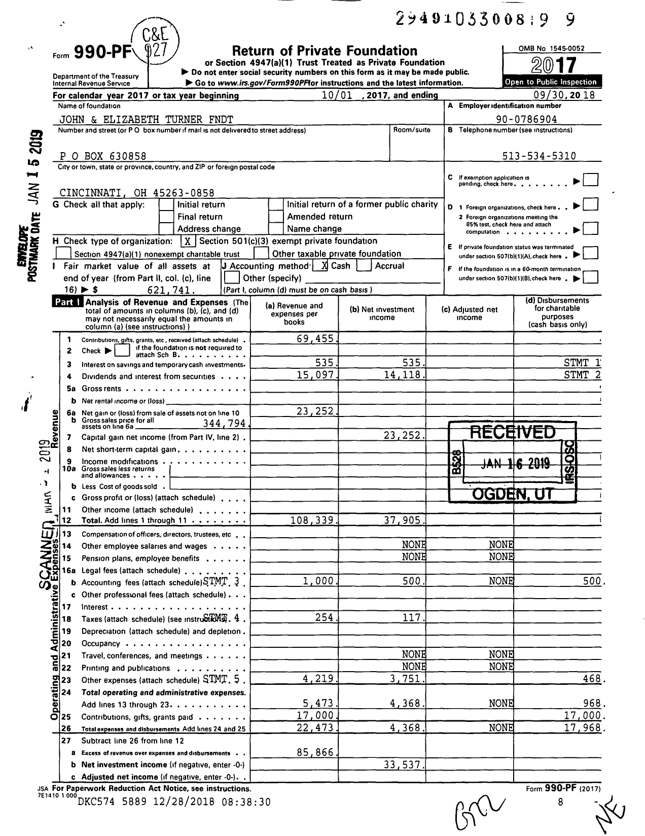 Image of first page of 2017 Form 990PF for John and Elizabeth Turner Foundation