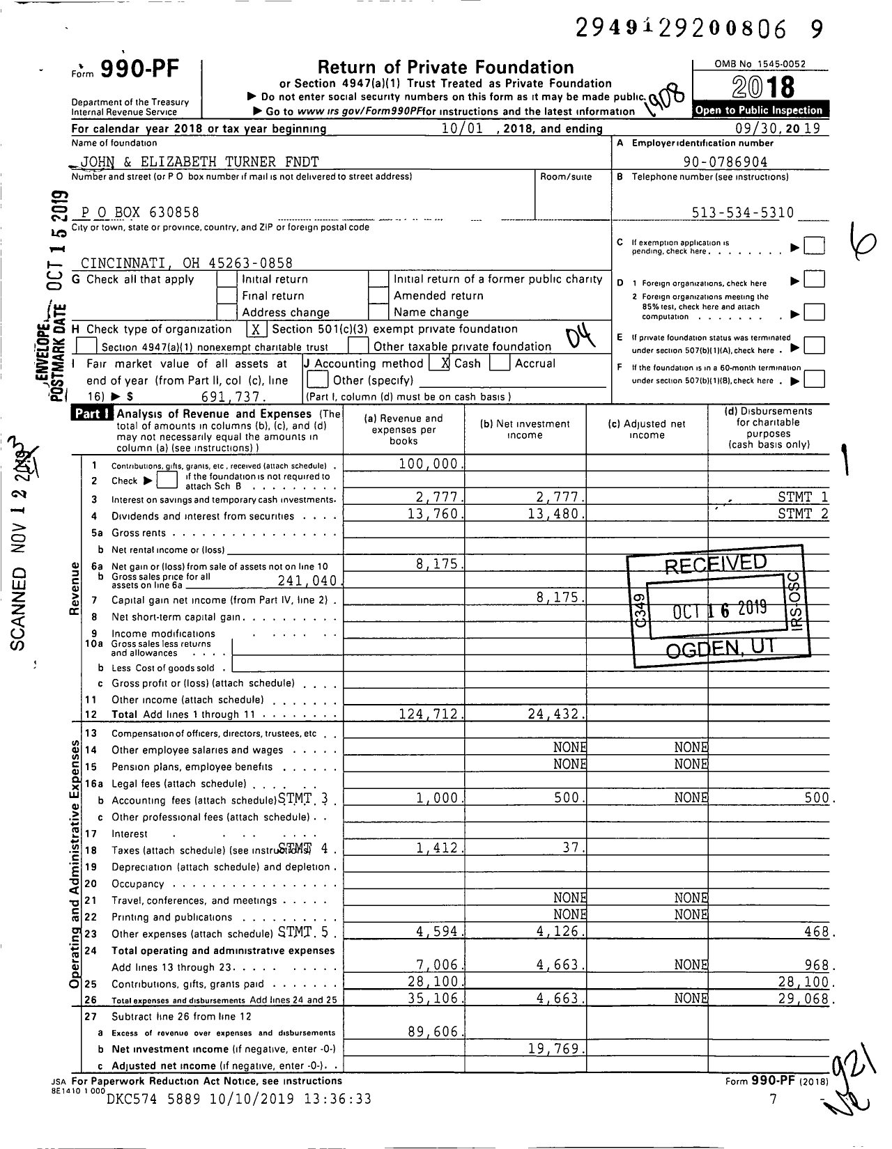 Image of first page of 2018 Form 990PF for John and Elizabeth Turner Foundation