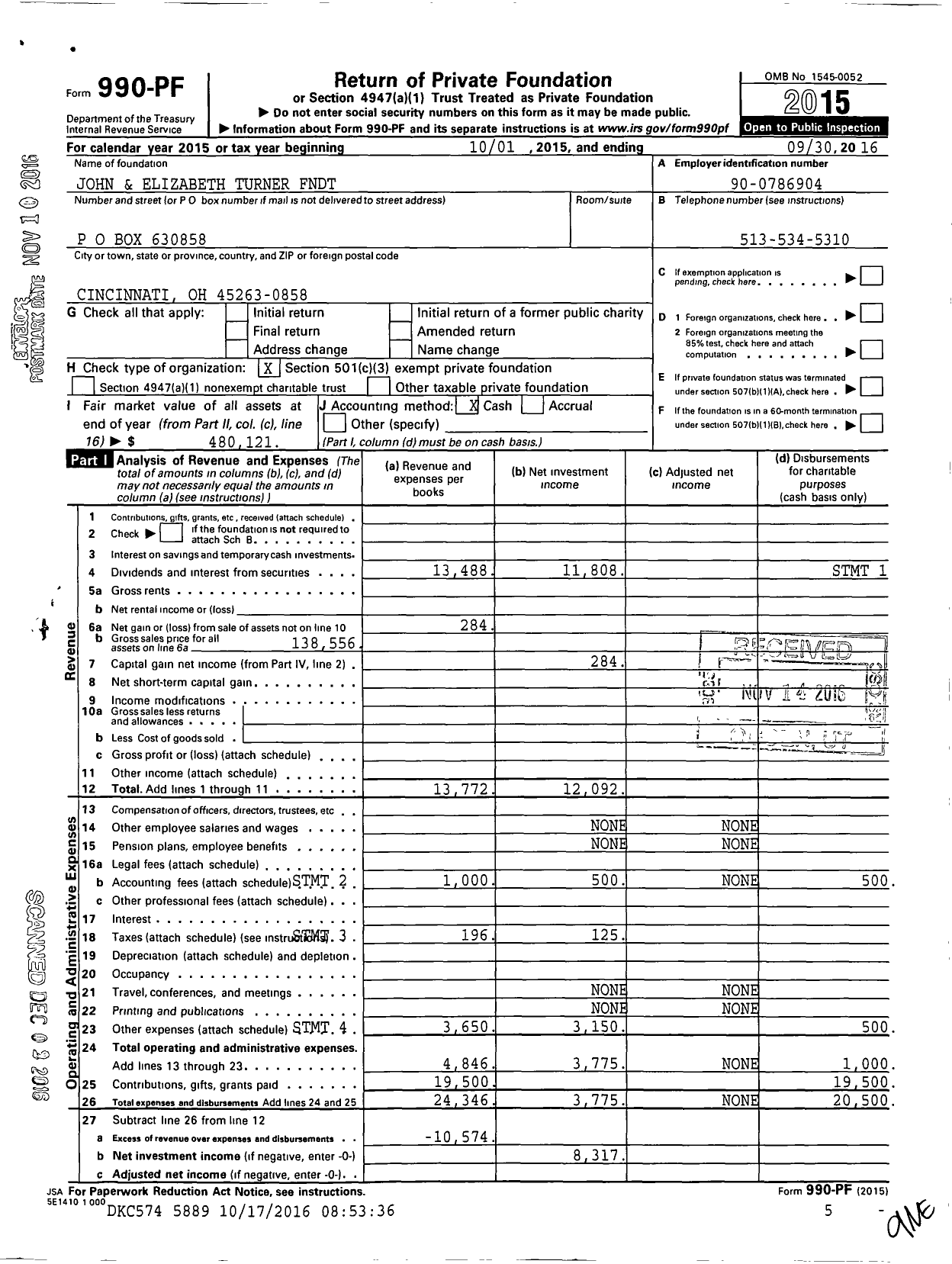 Image of first page of 2015 Form 990PF for John and Elizabeth Turner Foundation