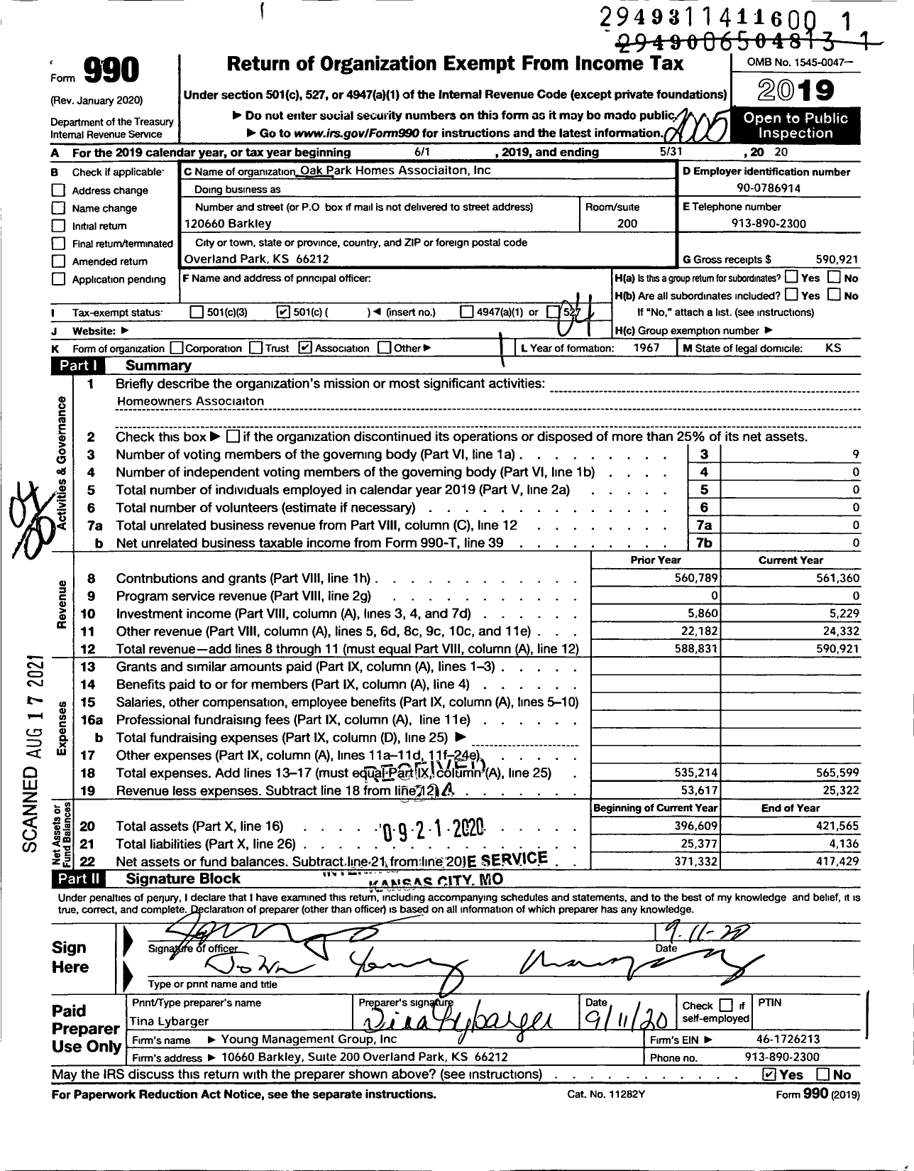 Image of first page of 2019 Form 990O for Oak Park Homes Association