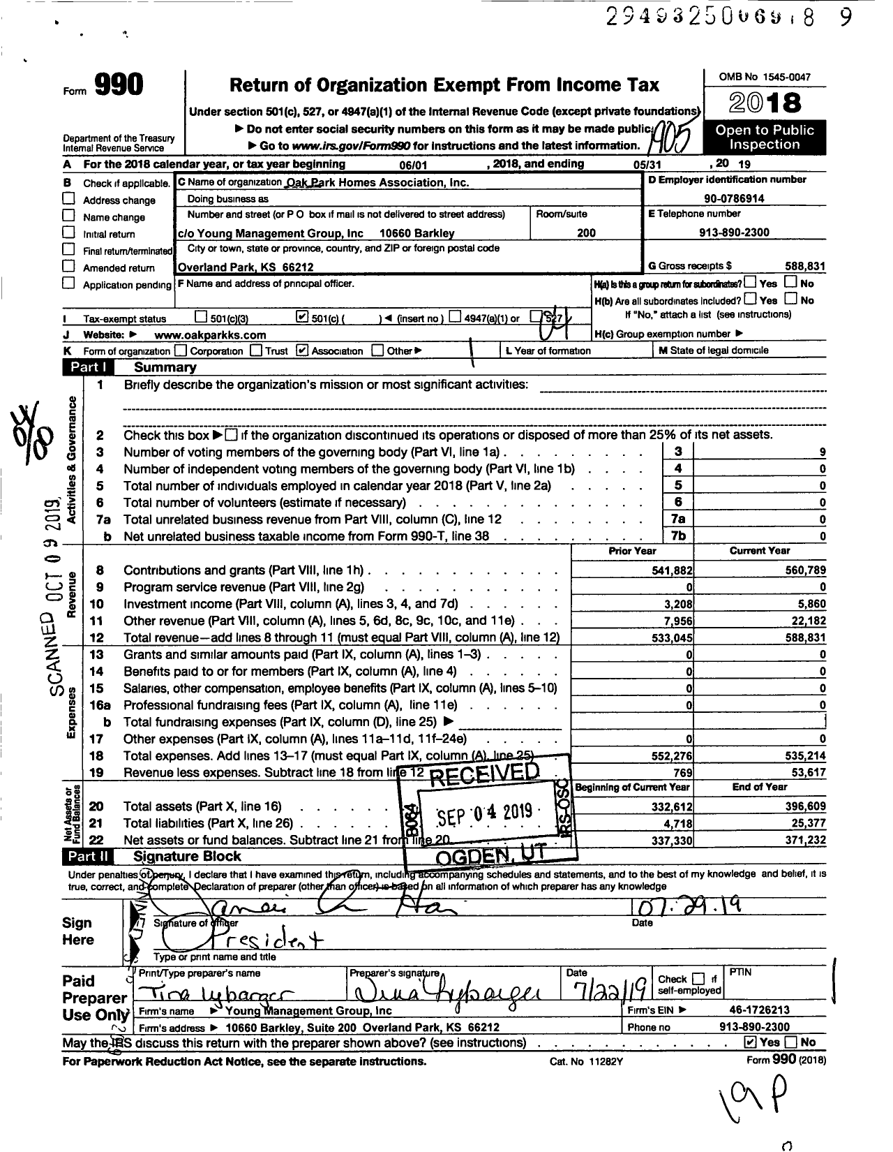 Image of first page of 2018 Form 990O for Oak Park Homes Association