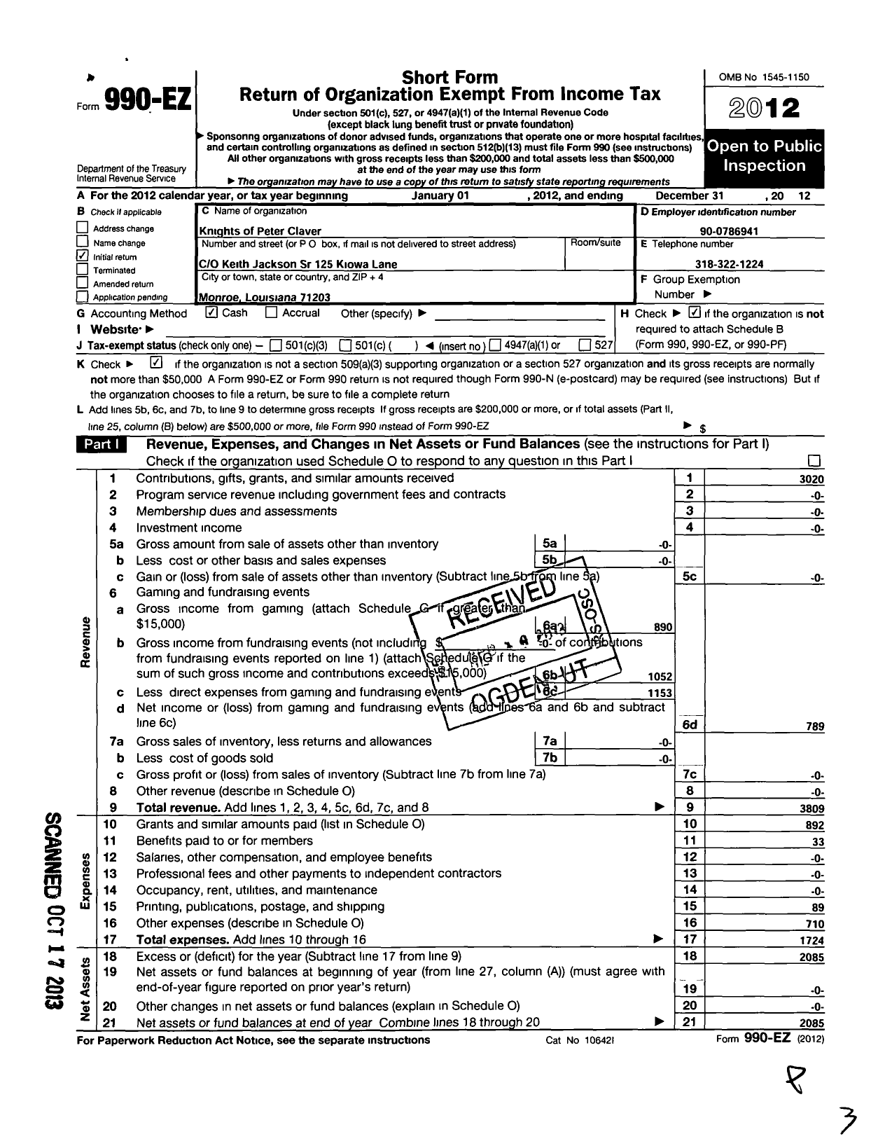 Image of first page of 2012 Form 990EO for Knights of Peter Claver - St Francis Council 160