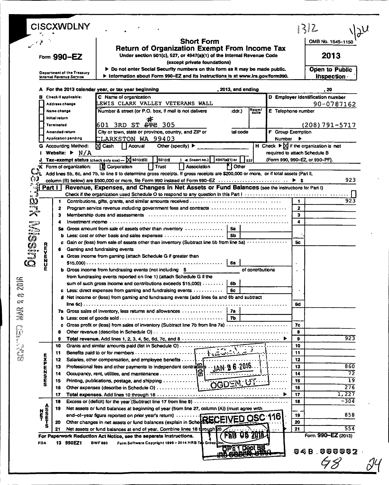 Image of first page of 2013 Form 990EZ for Lewis Clark Valley Veterans Wall