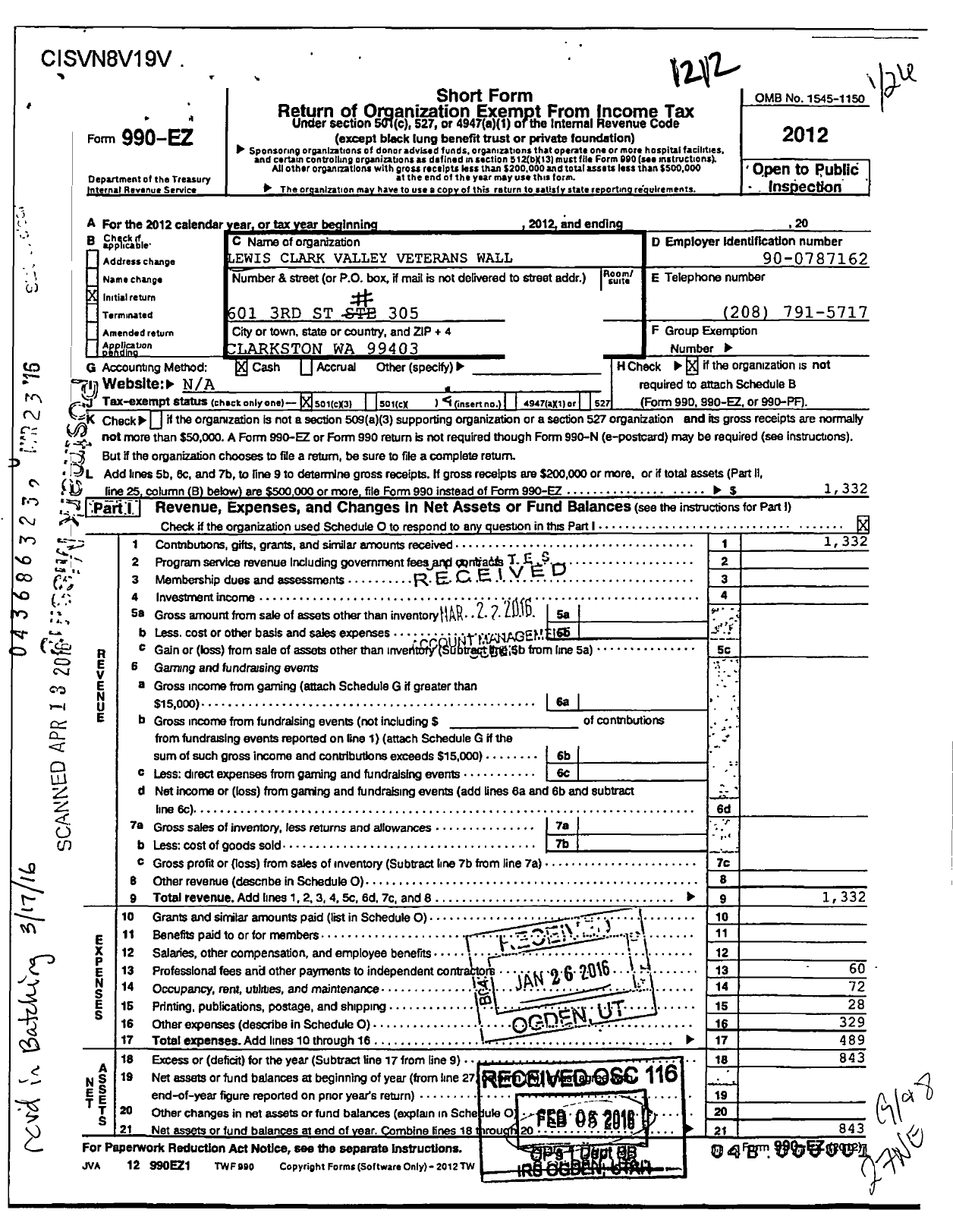 Image of first page of 2012 Form 990EZ for Lewis Clark Valley Veterans Wall