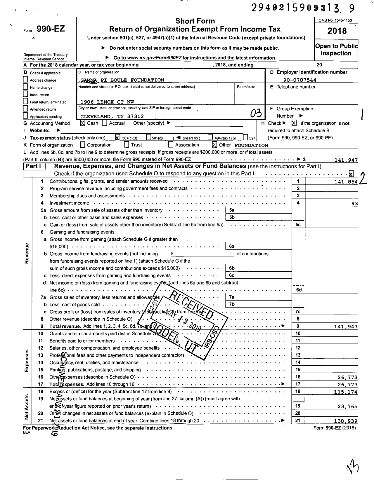 Image of first page of 2018 Form 990EZ for Gamma Pi Boule Foundation