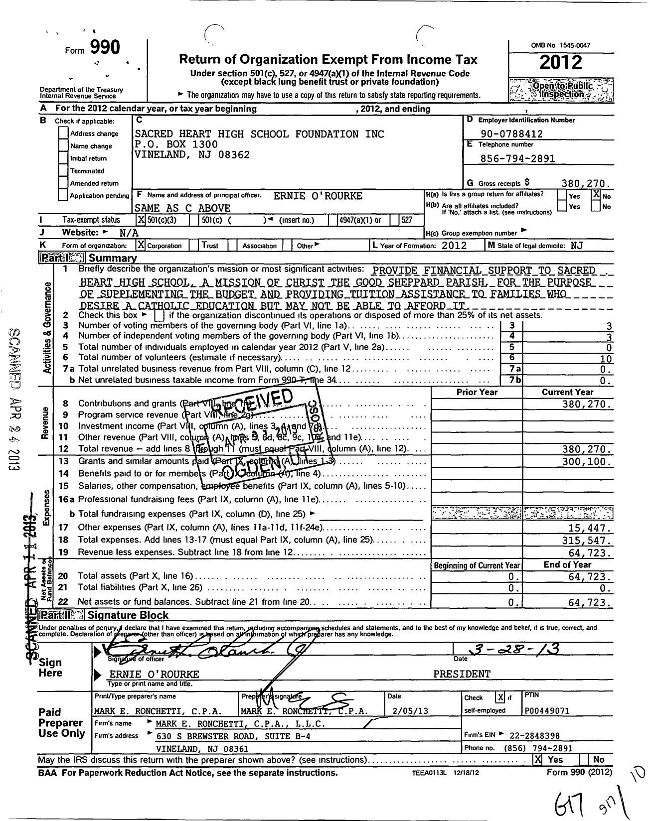 Image of first page of 2012 Form 990 for Sacred Heart High School Foundation