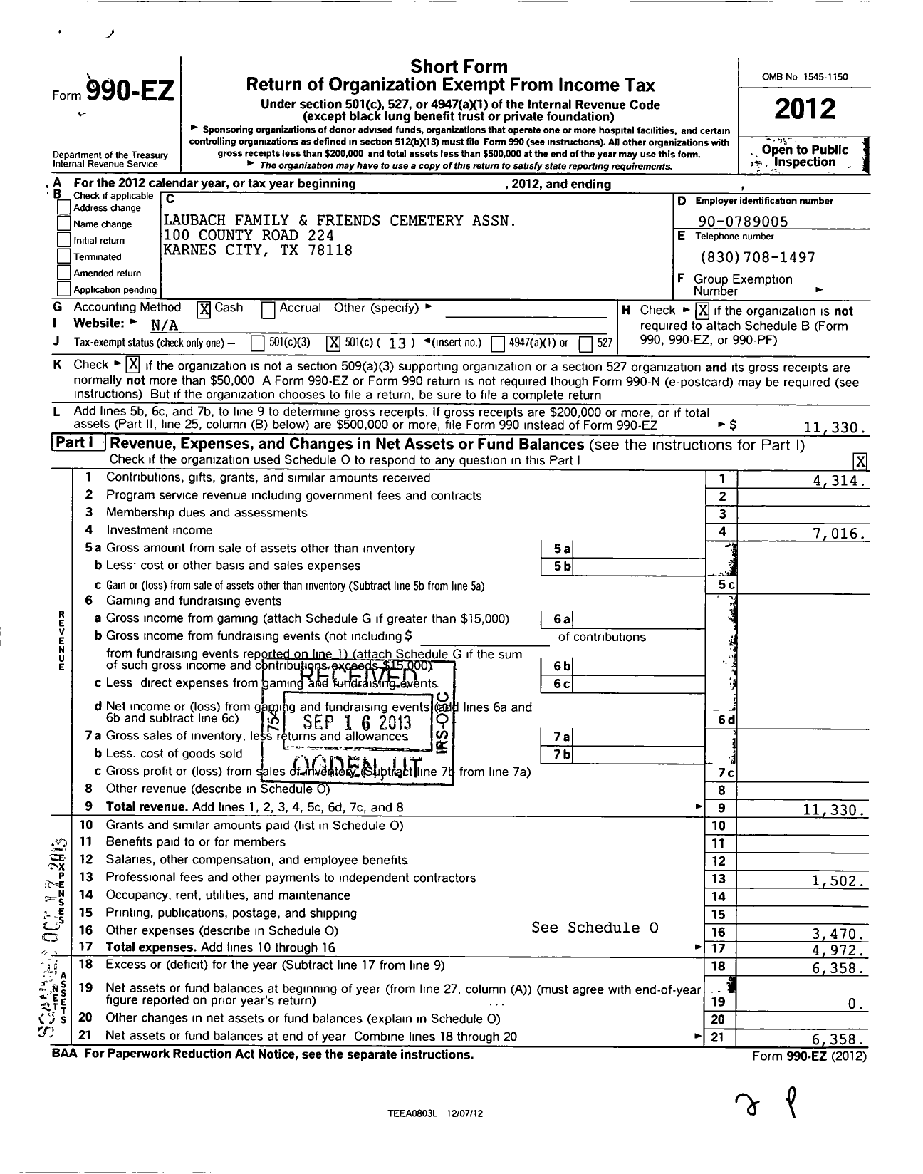 Image of first page of 2012 Form 990EO for Laubach Family and Friends Cemetery Association