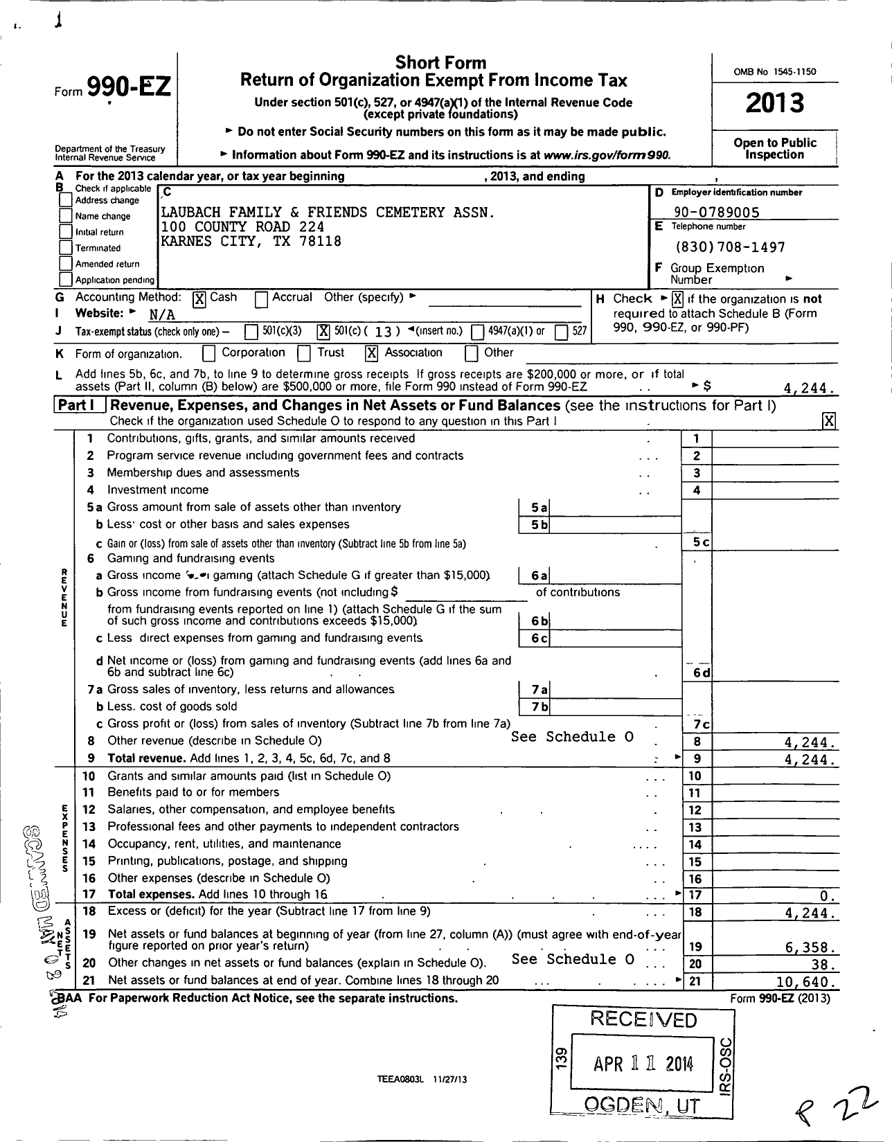 Image of first page of 2013 Form 990EO for Laubach Family and Friends Cemetery Association