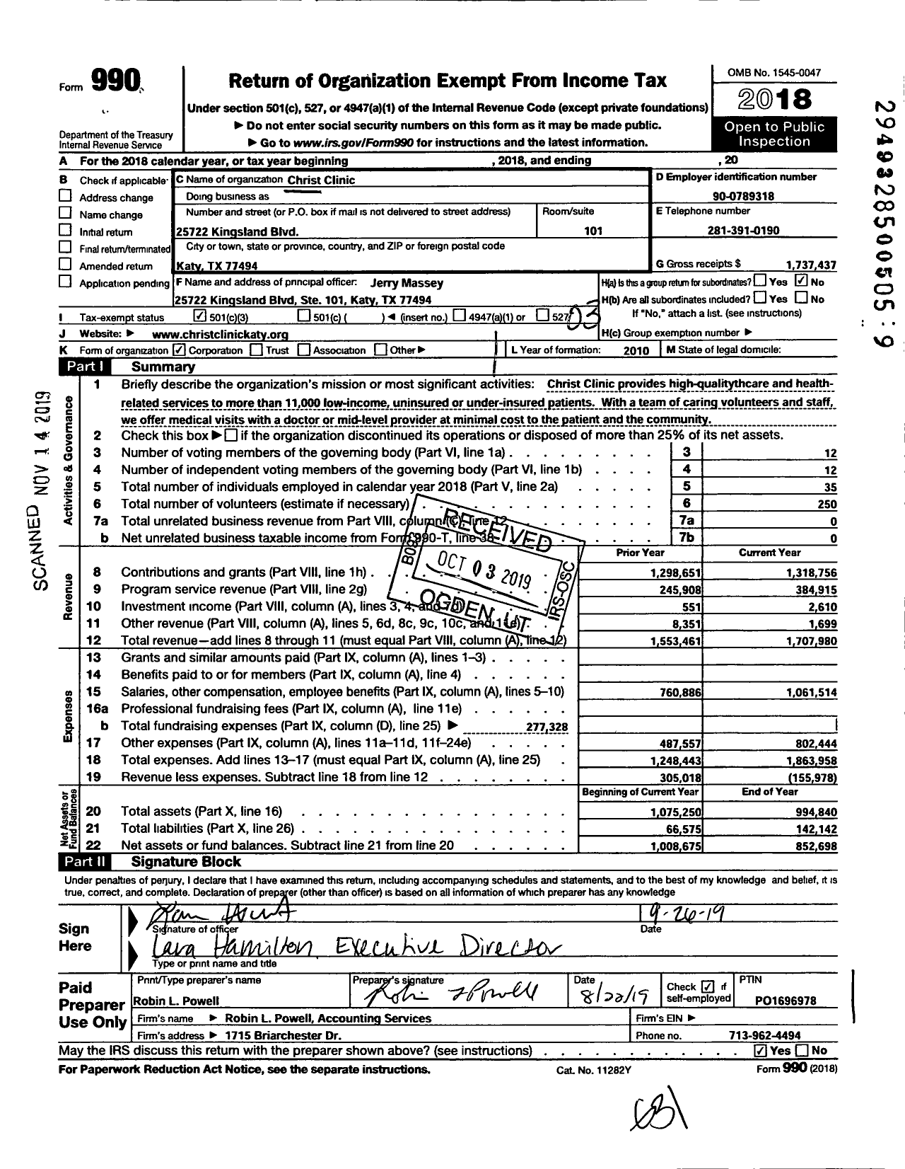 Image of first page of 2018 Form 990 for Christ Clinic