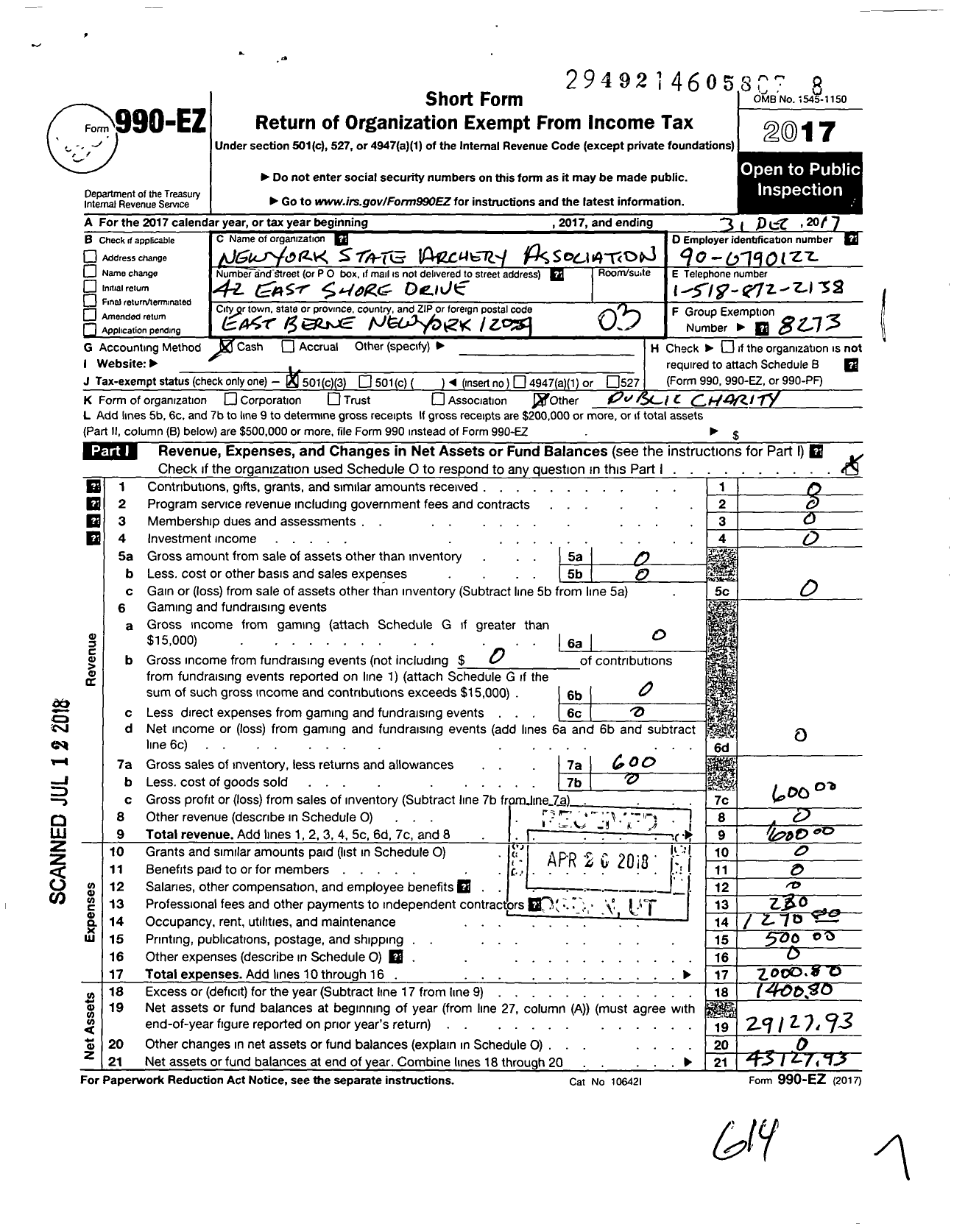 Image of first page of 2017 Form 990EZ for New York State Archery Association