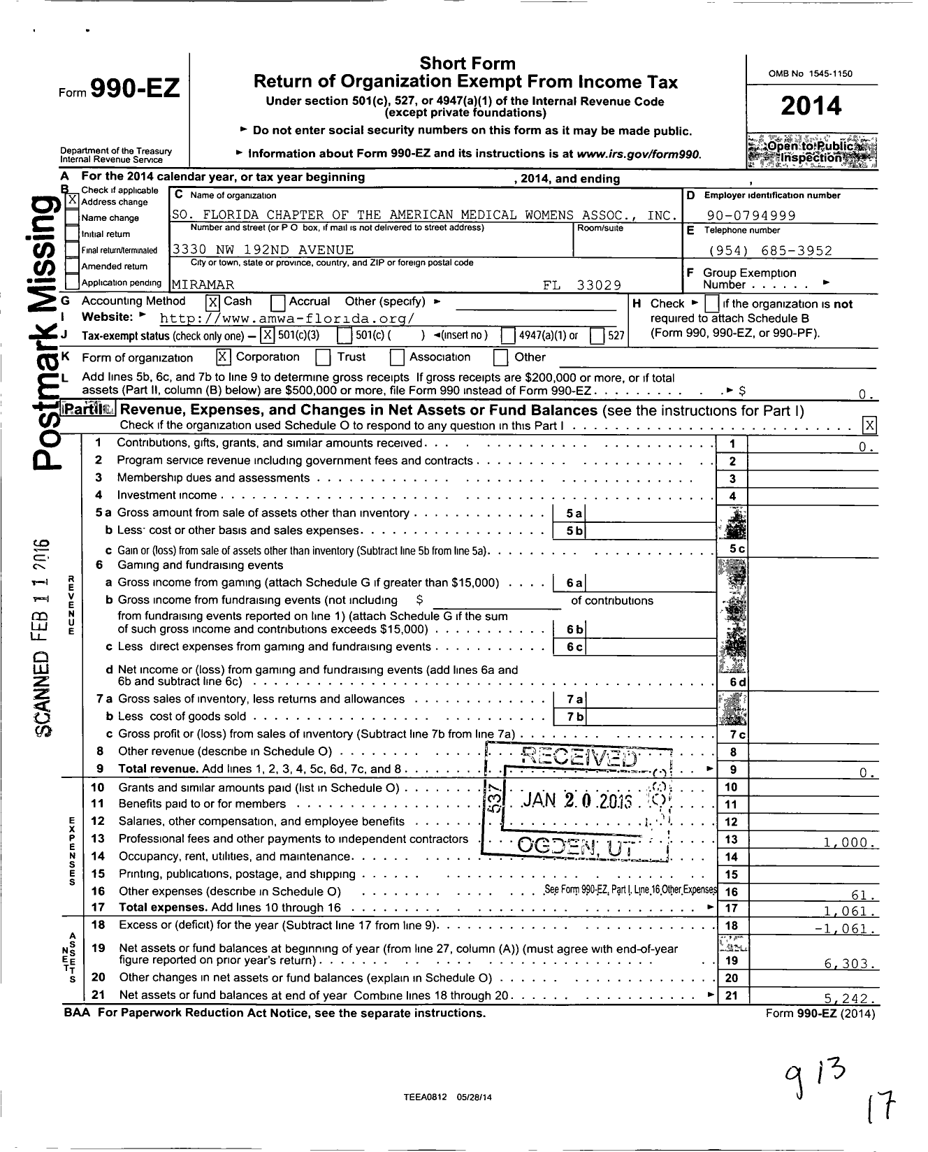 Image of first page of 2014 Form 990EZ for South Florida Chapter of the American Medical Women's Association