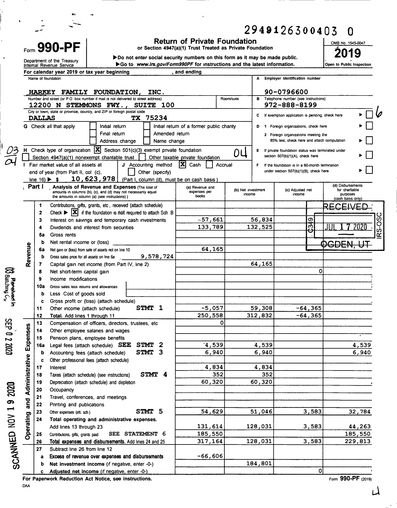 Image of first page of 2019 Form 990PF for Harkey Family Foundation