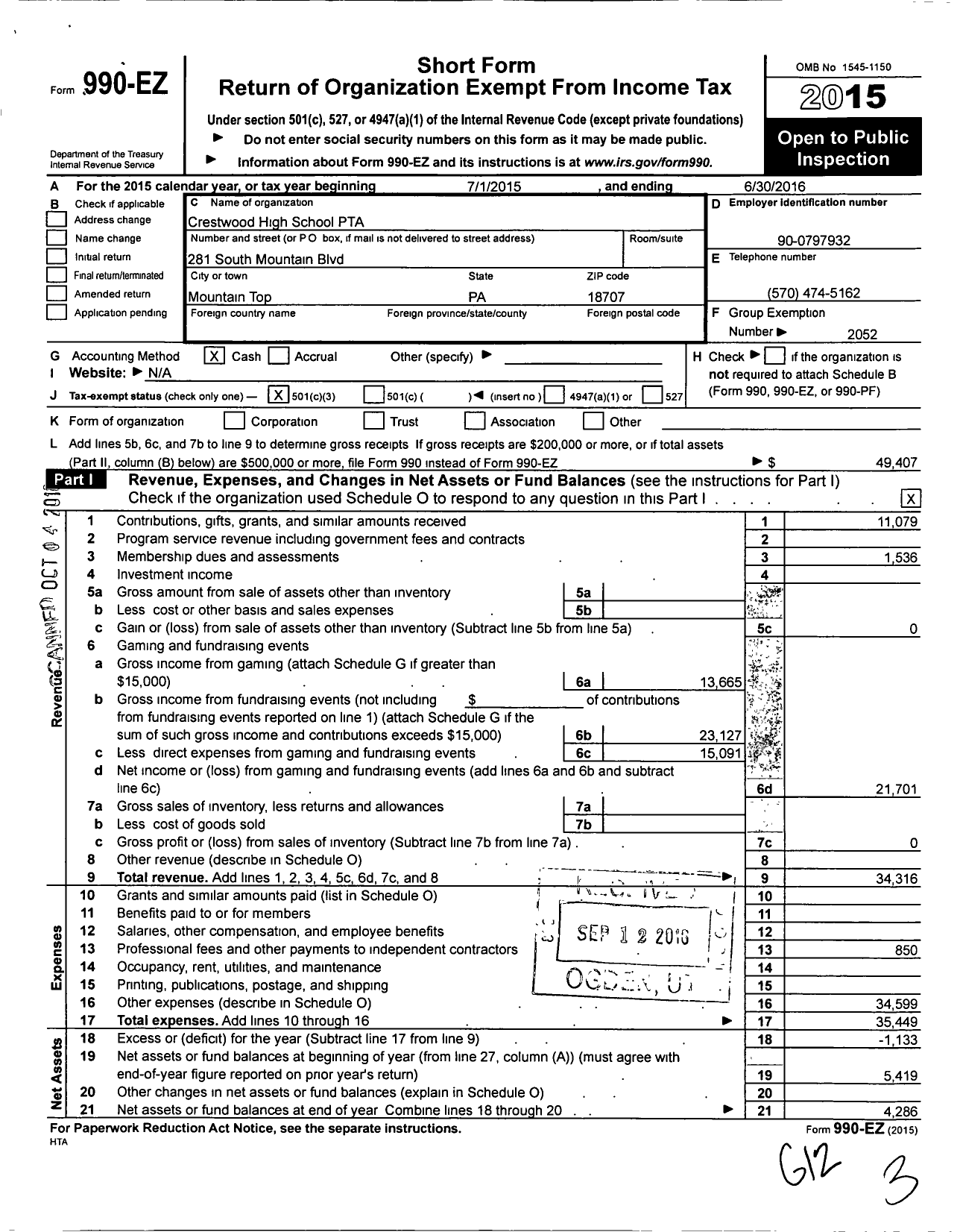 Image of first page of 2015 Form 990EZ for PTA Crestwood High School