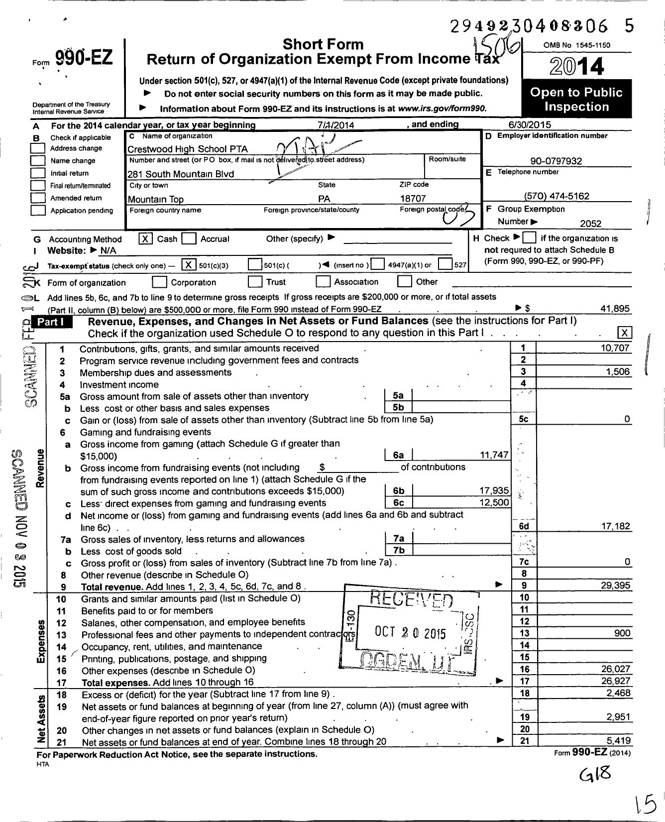 Image of first page of 2014 Form 990EZ for PTA Crestwood High School