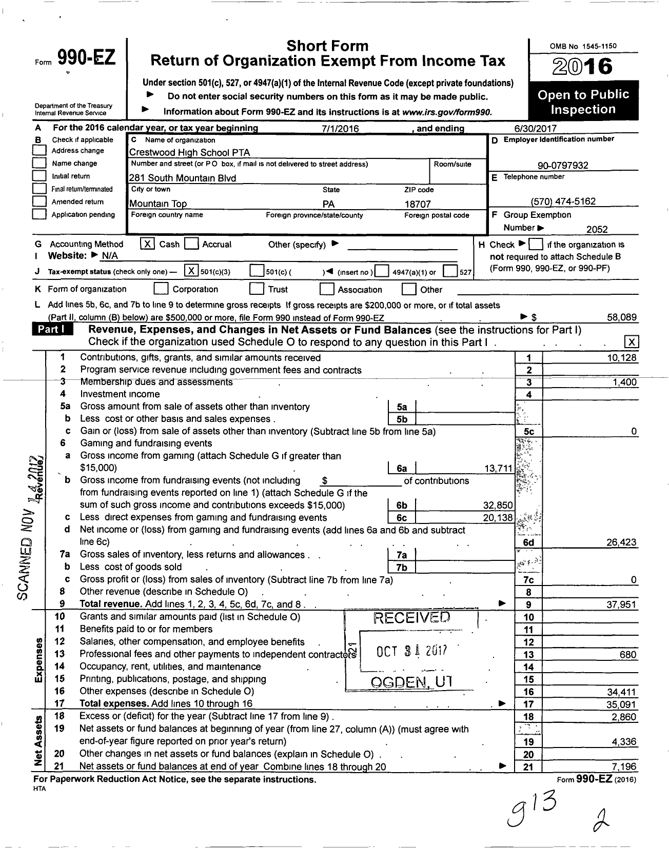 Image of first page of 2016 Form 990EZ for PTA Crestwood High School