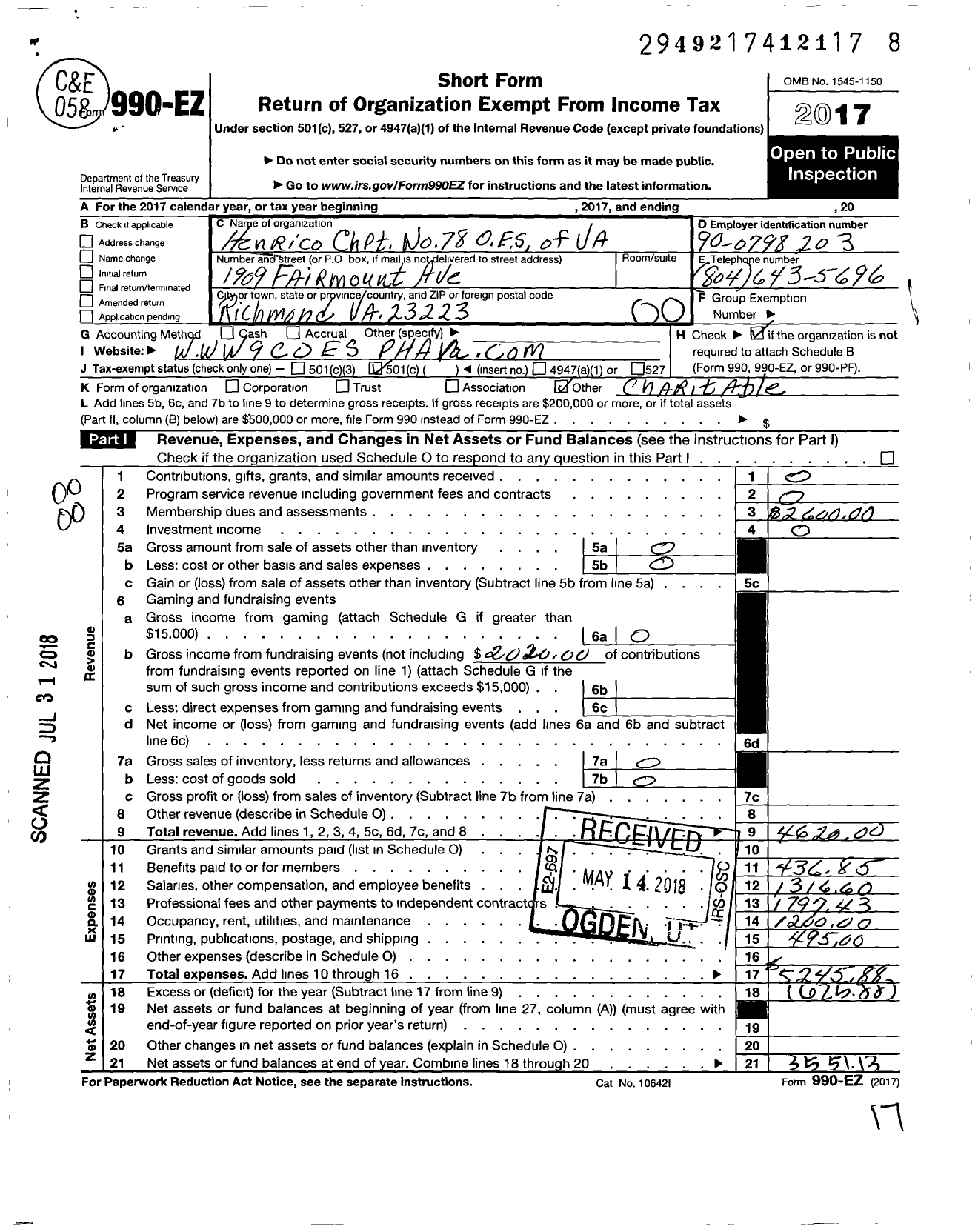 Image of first page of 2017 Form 990EO for Grand Order of the Eastern Star of Virginia Pha - 78 Henrico Chapter