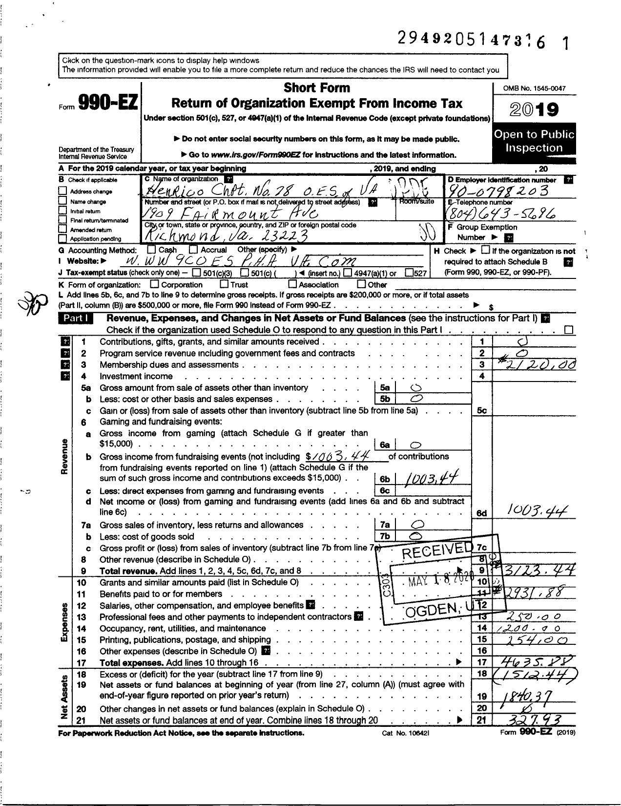 Image of first page of 2019 Form 990EO for Grand Order of the Eastern Star of Virginia Pha - 78 Henrico Chapter