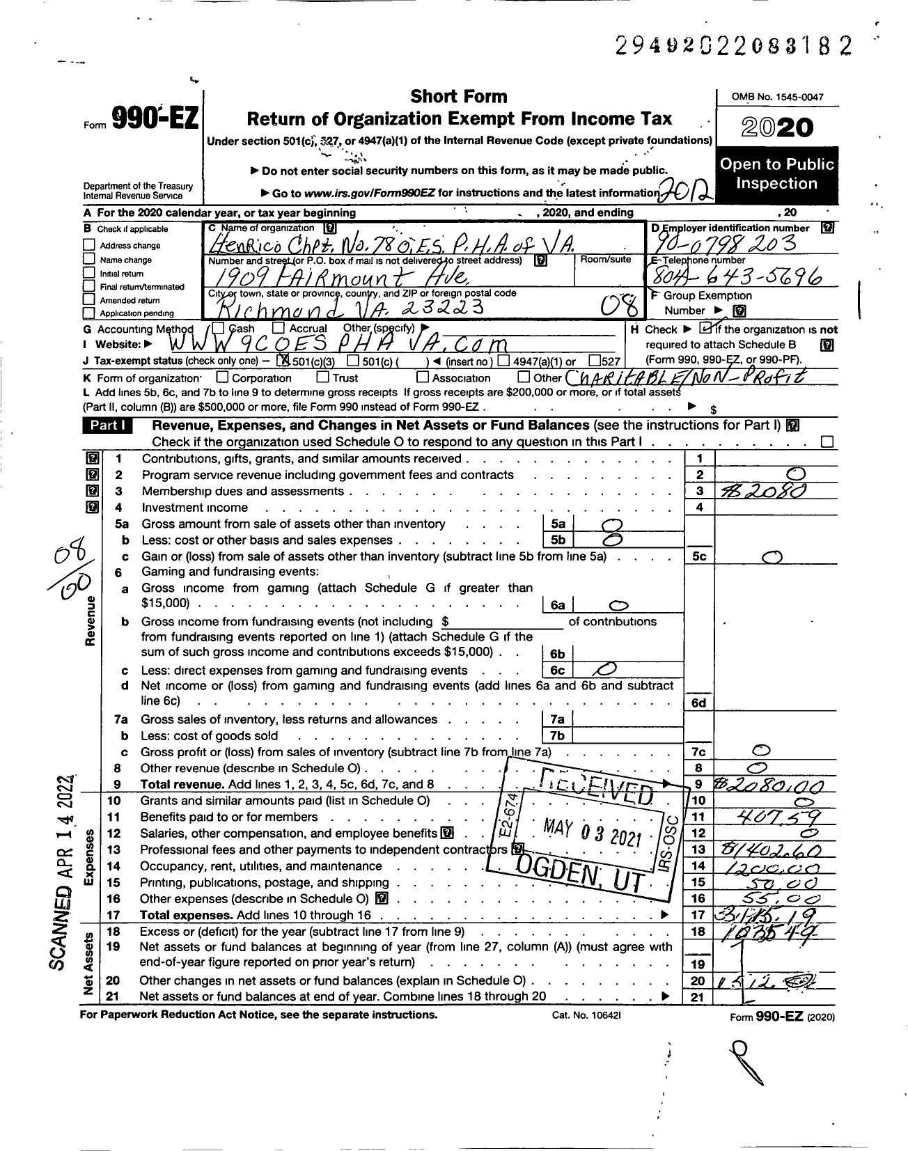 Image of first page of 2020 Form 990EO for Grand Order of the Eastern Star of Virginia Pha - 78 Henrico Chapter