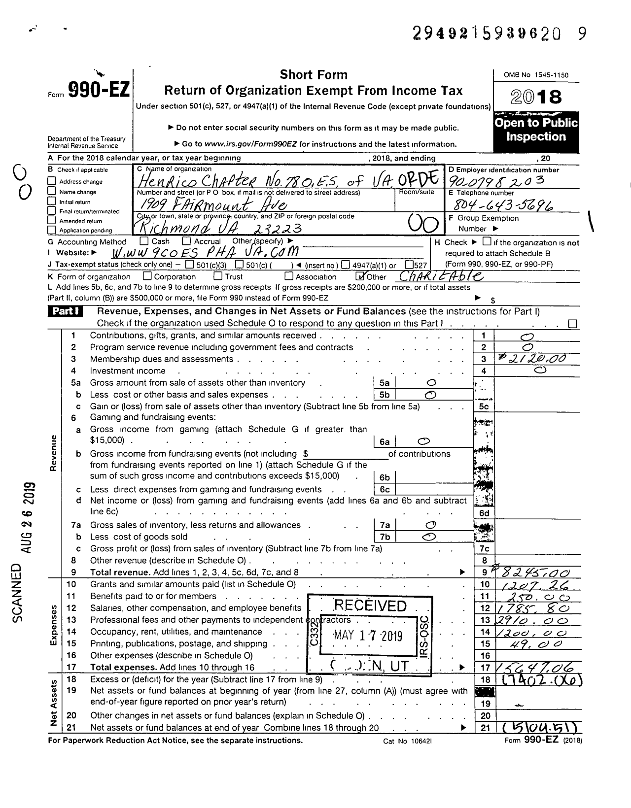 Image of first page of 2018 Form 990EO for Grand Order of the Eastern Star of Virginia Pha - 78 Henrico Chapter