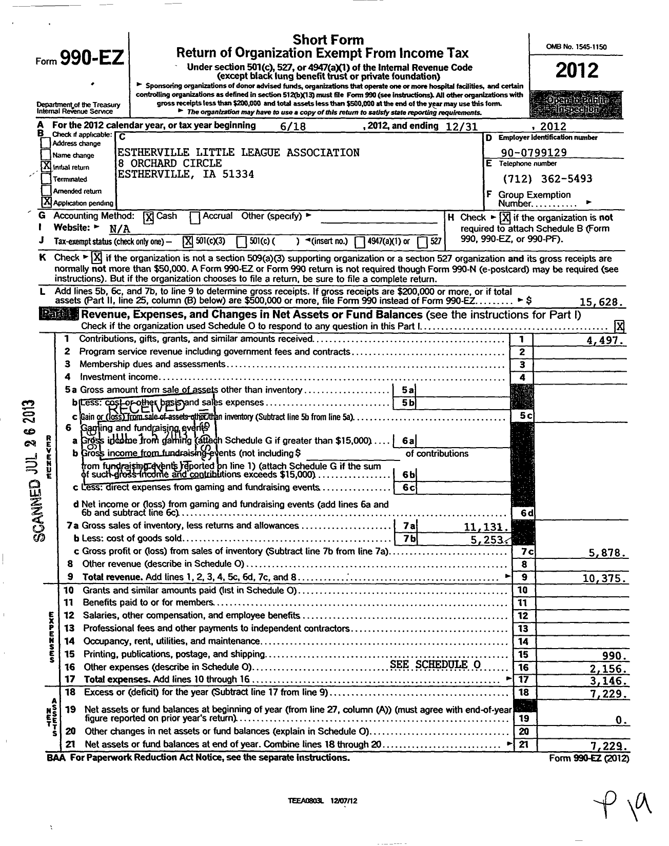 Image of first page of 2012 Form 990EZ for Estherville Little League Association