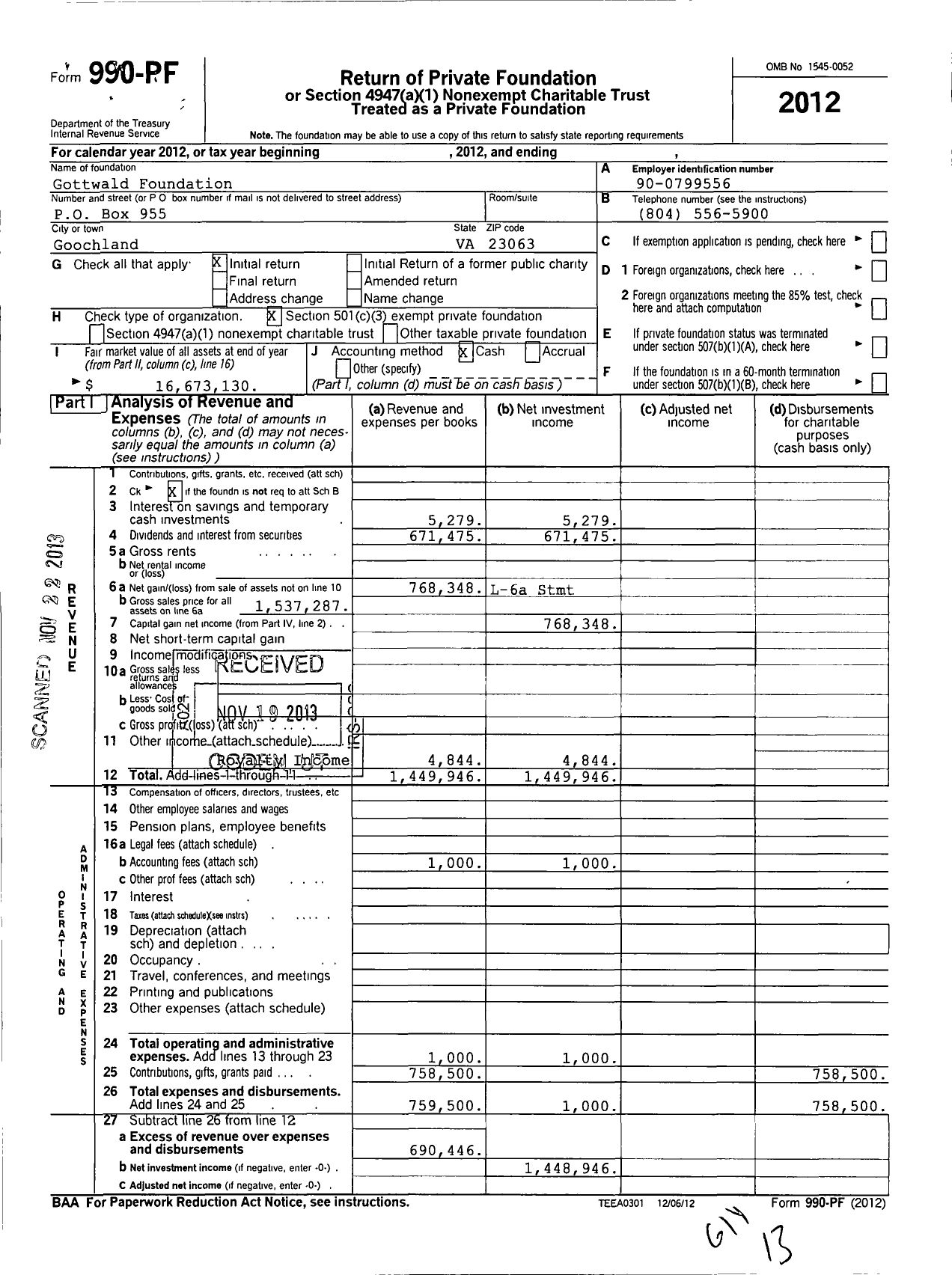 Image of first page of 2012 Form 990PF for Gottwald Foundation