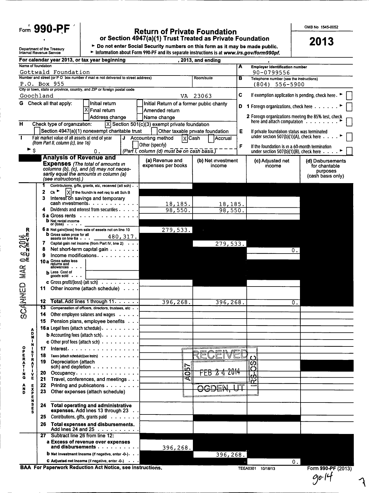 Image of first page of 2013 Form 990PF for Gottwald Foundation