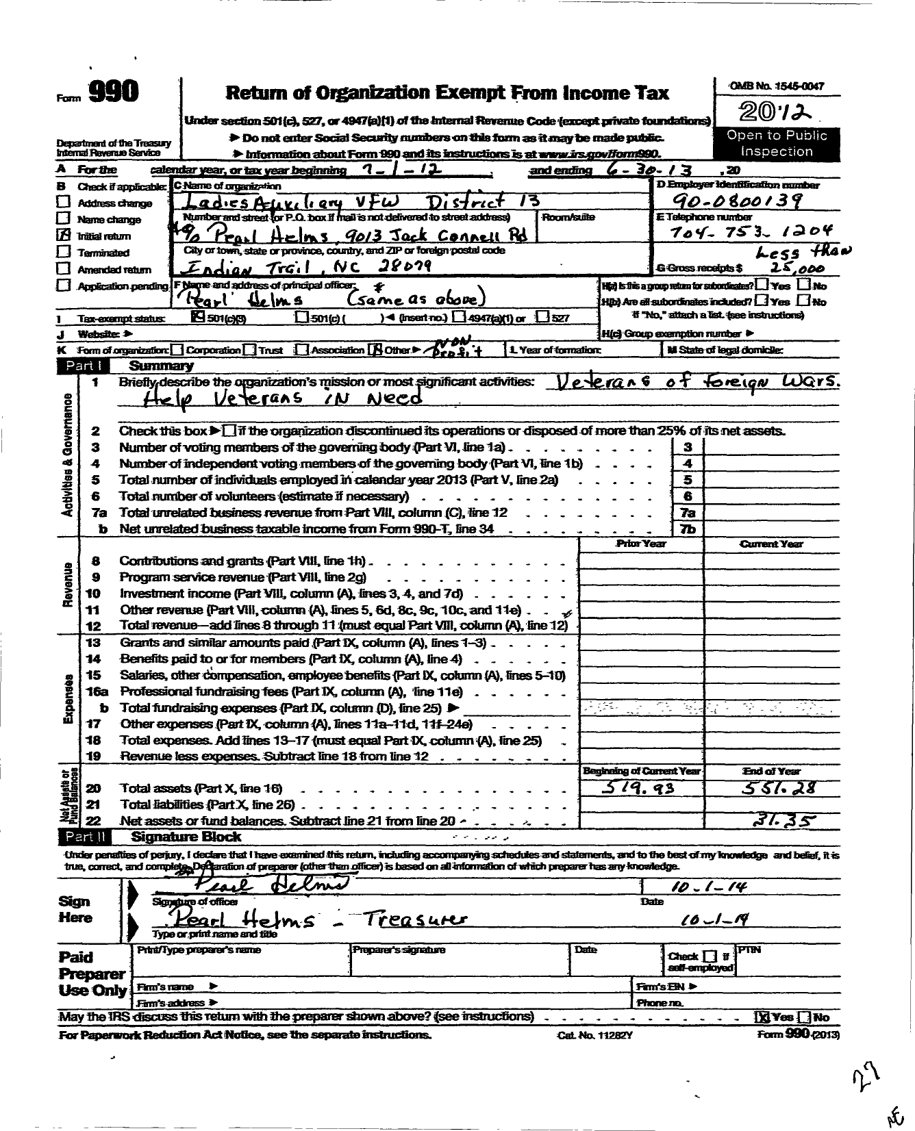 Image of first page of 2012 Form 990 for Veterans of Foreign Wars of the VFW NC Auxiliary - 13 District VFW Auxiliary