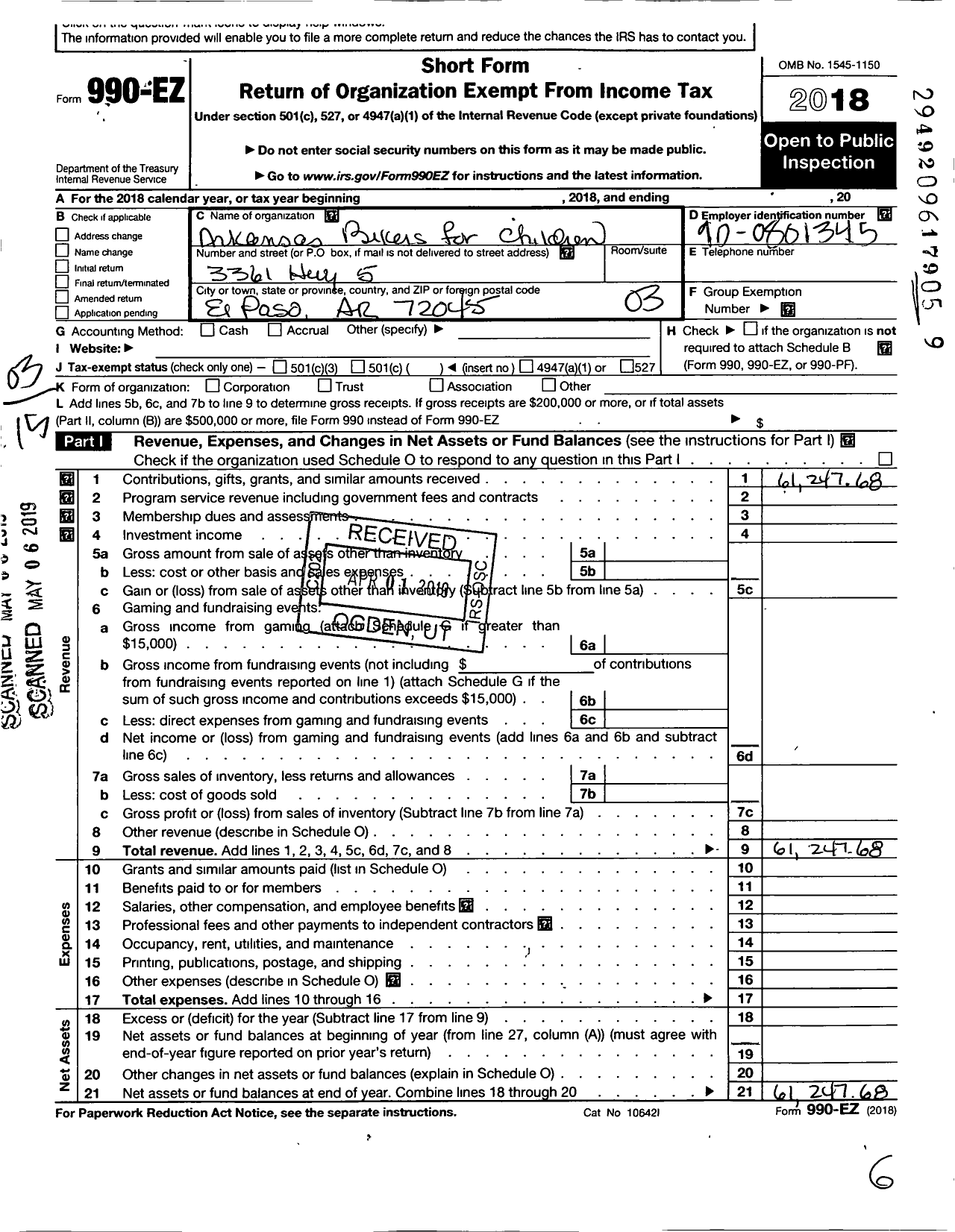 Image of first page of 2018 Form 990EZ for Arkansas Bikers for Children