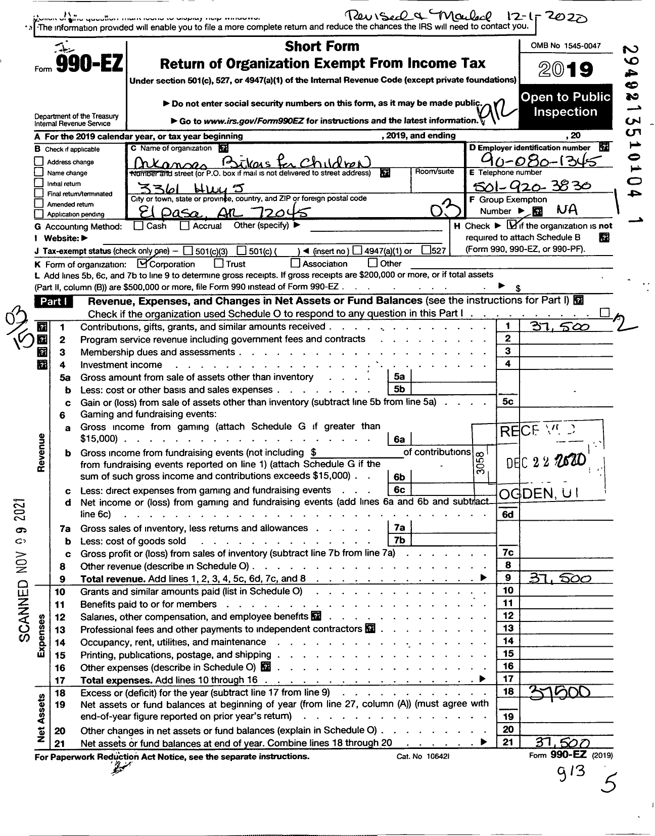 Image of first page of 2019 Form 990EZ for Arkansas Bikers for Children