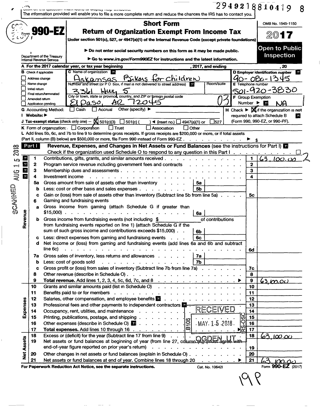 Image of first page of 2017 Form 990EZ for Arkansas Bikers for Children