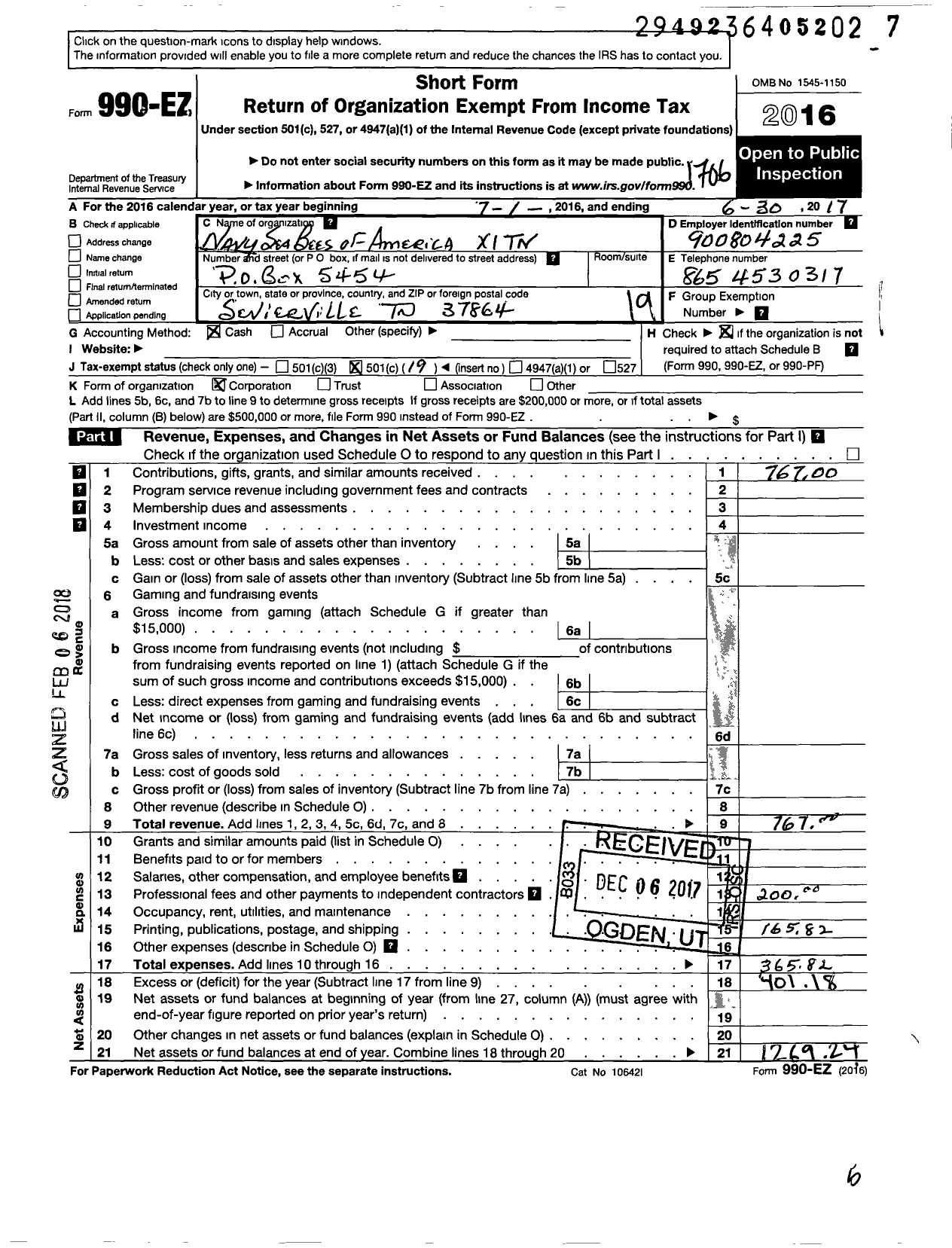 Image of first page of 2016 Form 990EO for Navy Sea Bee Vetern of America X I TN